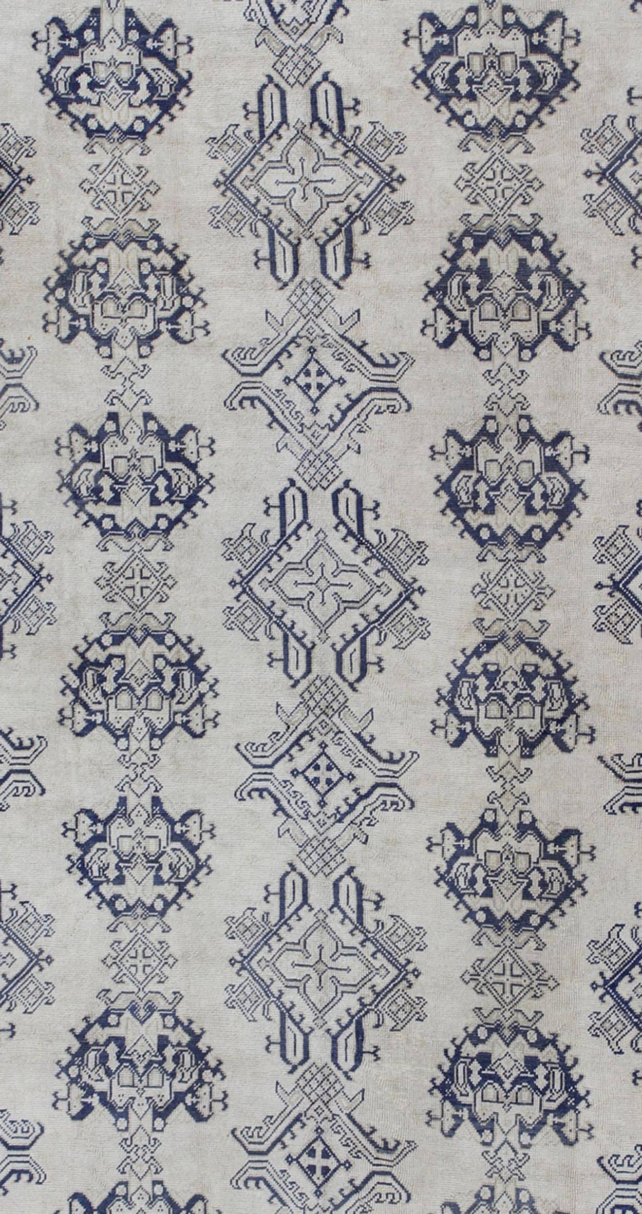 Hand-Knotted Navy Blue and Ivory Antique Turkish Oushak Rug with Vertical Geometric Design For Sale