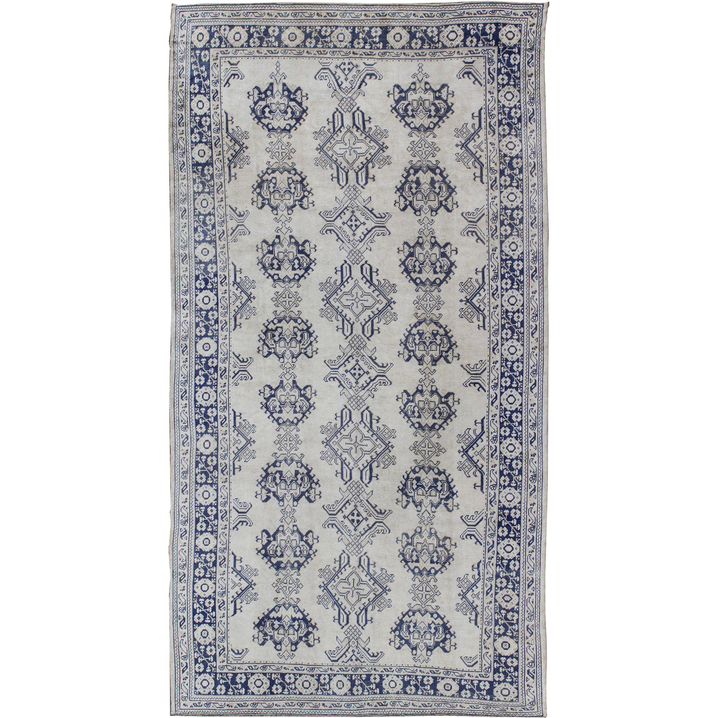 Navy Blue and Ivory Antique Turkish Oushak Rug with Vertical Geometric Design For Sale