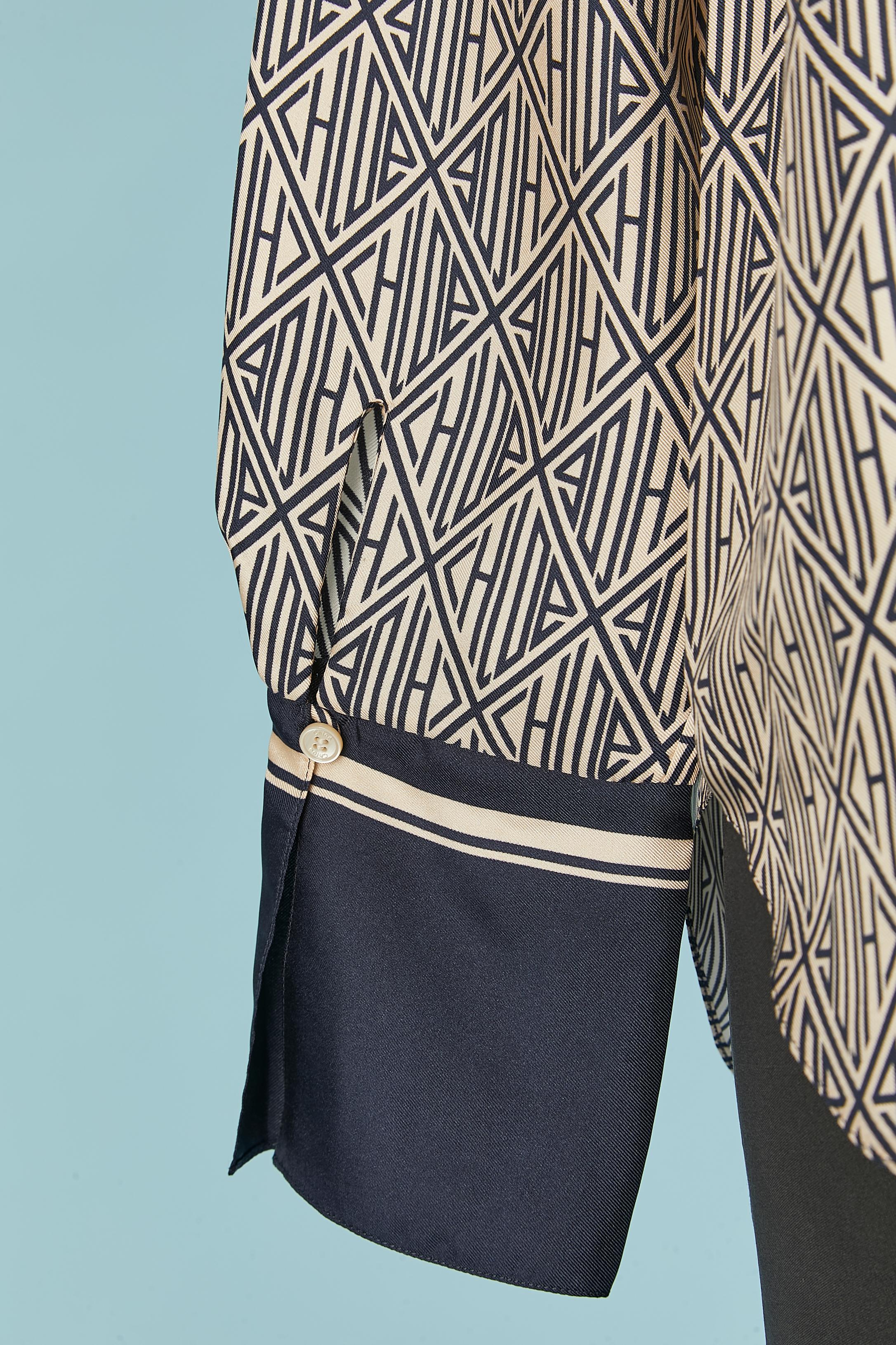 White Navy blue and ivory silk branded shirt with scarf collar CHLOE