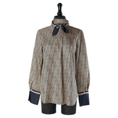 Navy blue and ivory silk branded shirt with scarf collar CHLOE