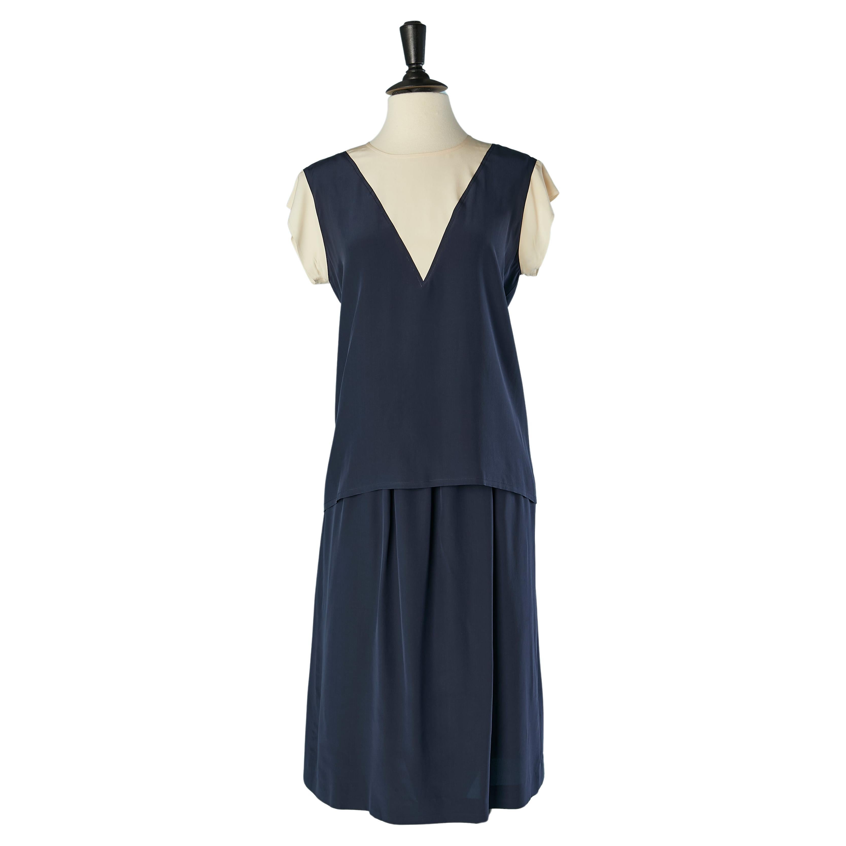Navy blue and ivory silk ensemble CHANEL Circa 1970