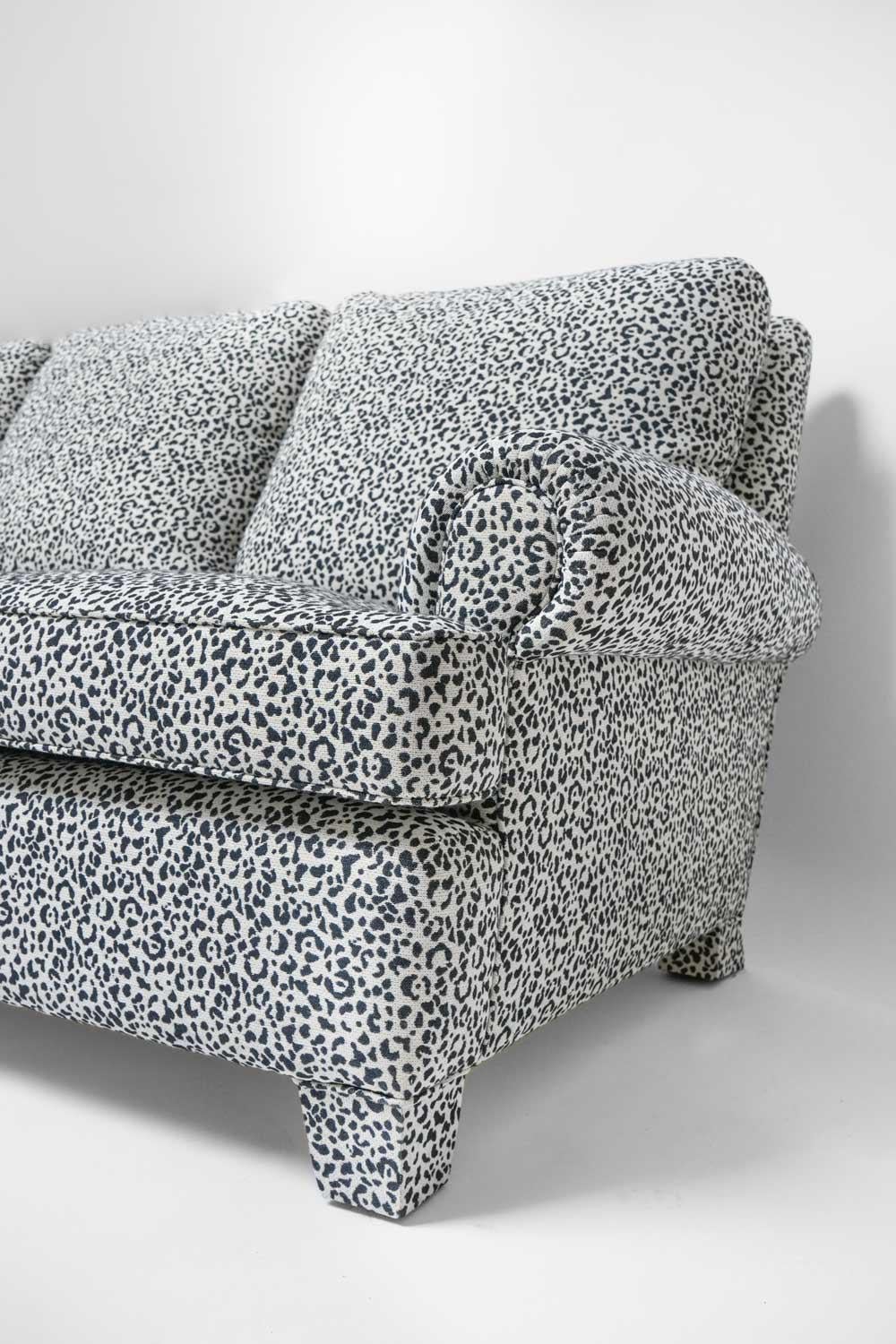 French Navy blue and off white panther fabric sofa, 1960s. For Sale