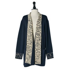 Marineblaue und Off-White Wolljacquard-Strickjacke FENDI