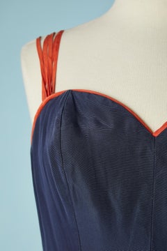Navy blue and orange evening bustier dress with bow Jacques Fath