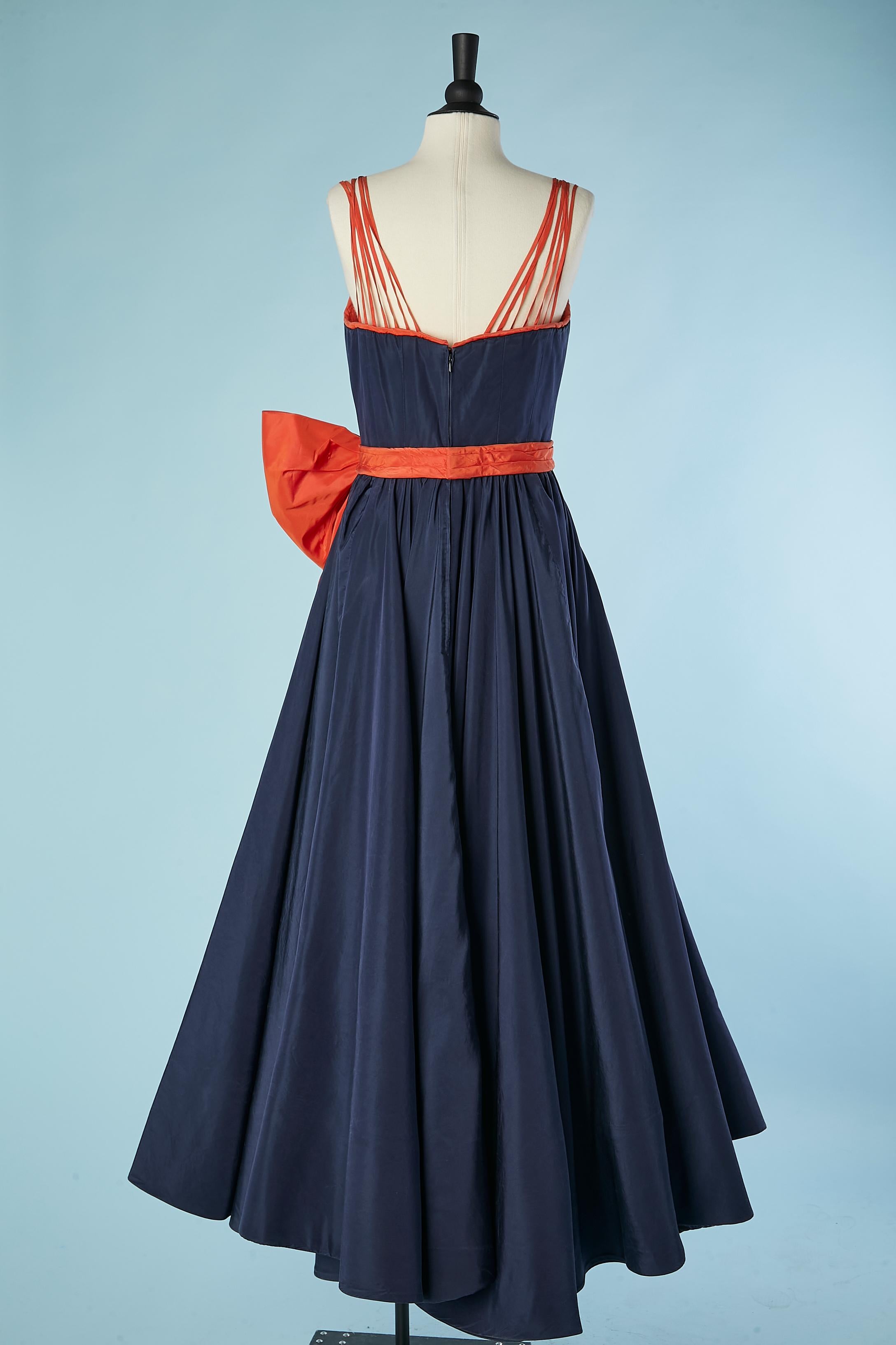 Women's Navy blue and orange evening bustier dress with bow Jacques Fath  For Sale