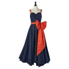 Navy blue and orange evening bustier dress with bow Jacques Fath 