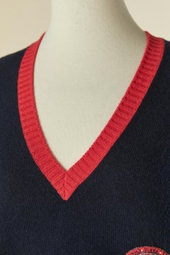Navy blue and red V neck cashmere sweater with beaded patch CHANEL