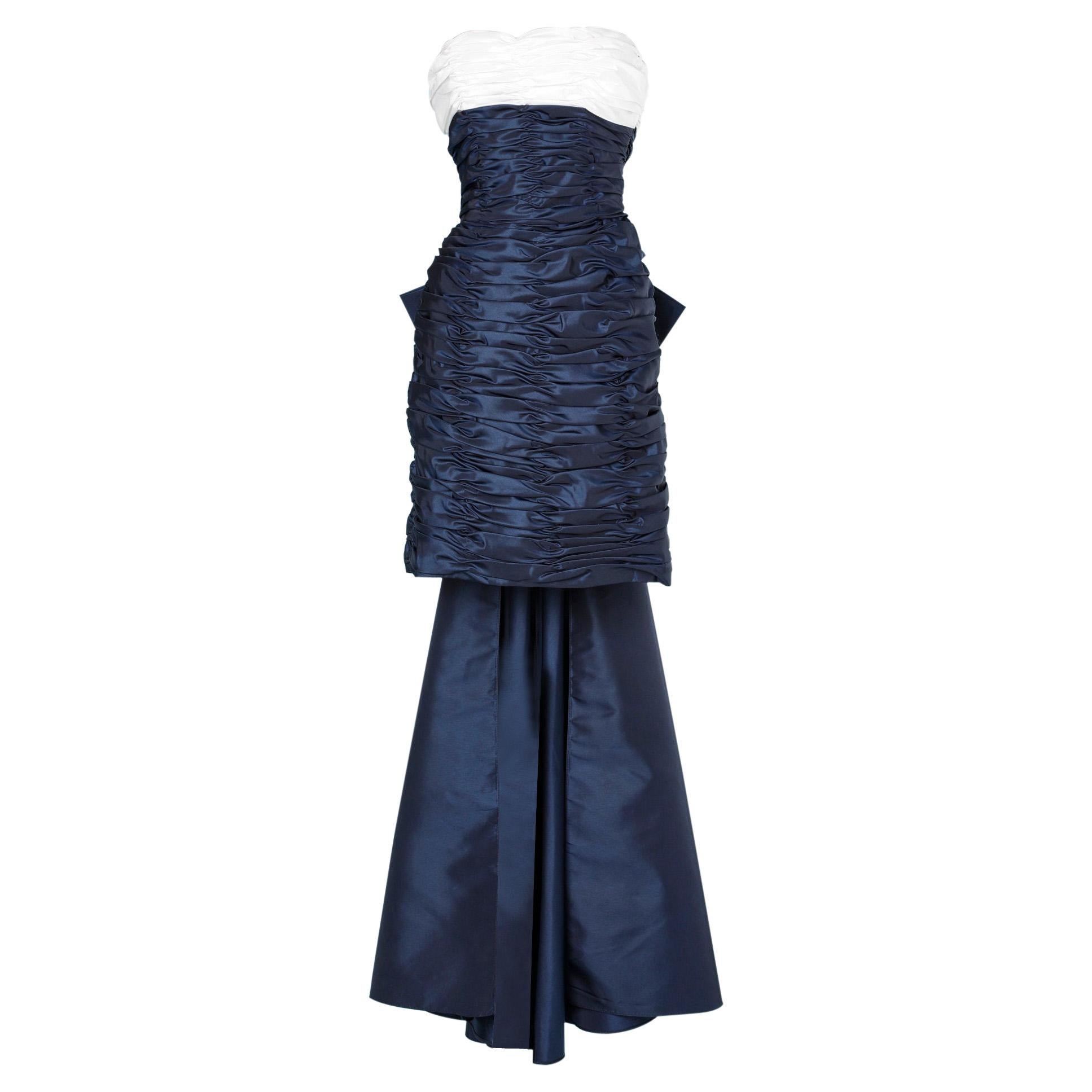Navy blue and white 80's cocktail dress Victor Costa for Bergdorf Goodman