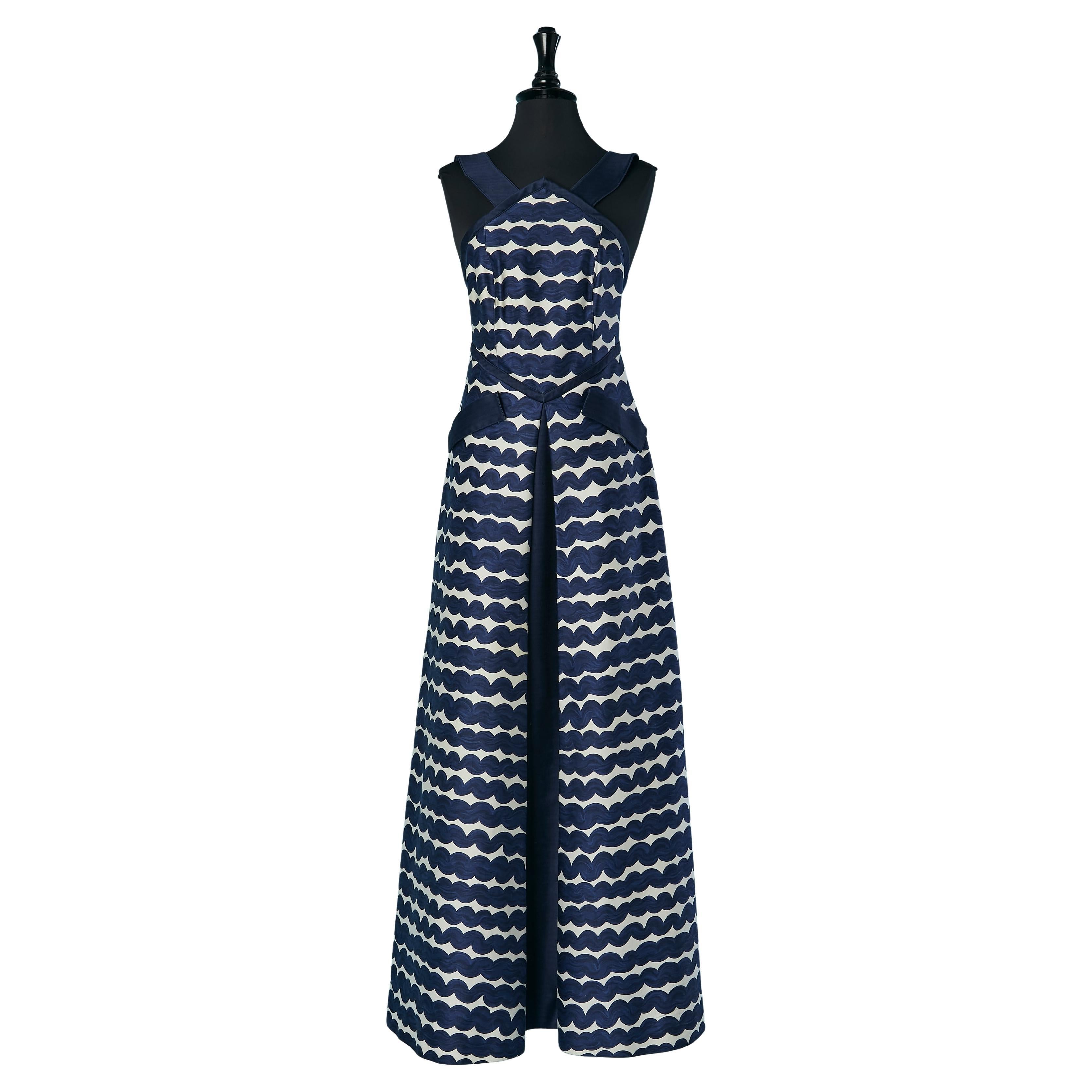 Navy blue and white printed sleeveless evening dress Courrèges Paris For Sale
