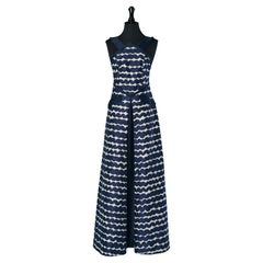 Navy blue and white printed sleeveless evening dress Courrèges Paris