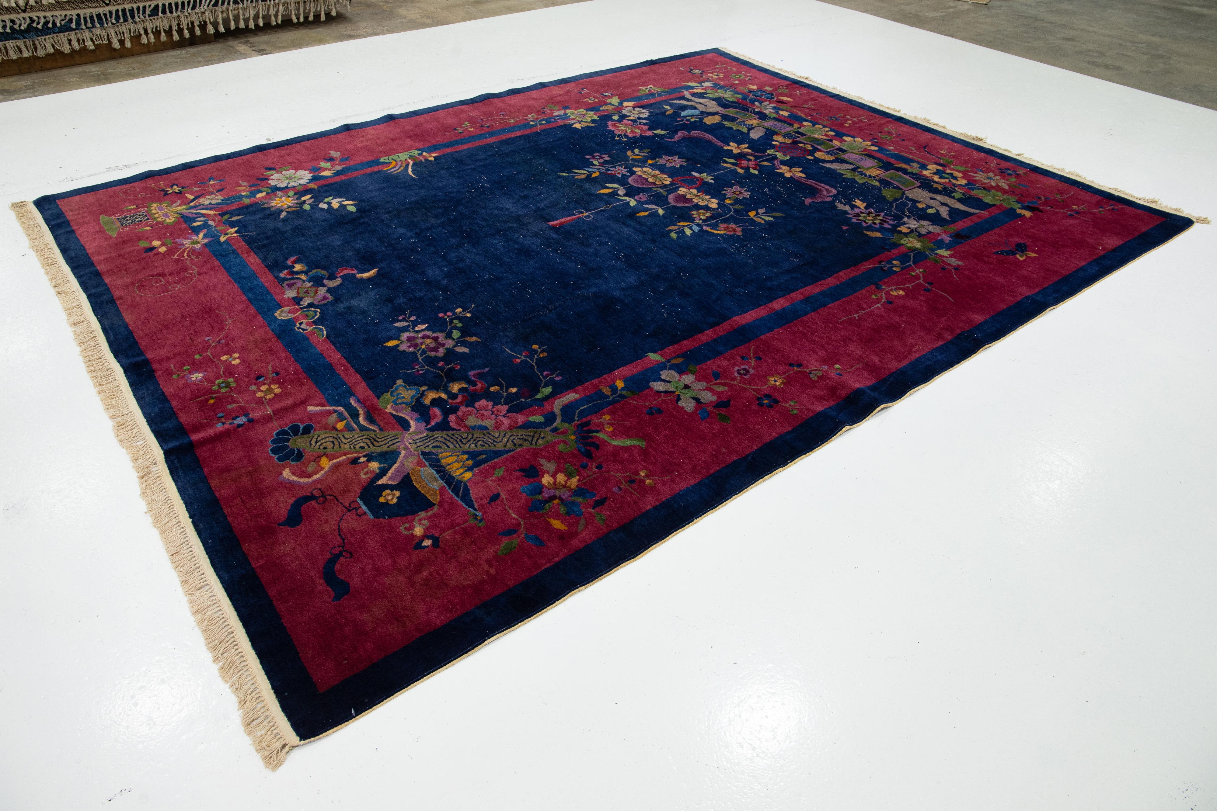 Alfombra de lana china antigua Art Decó azul marino de diseño clásico Exportación china en venta