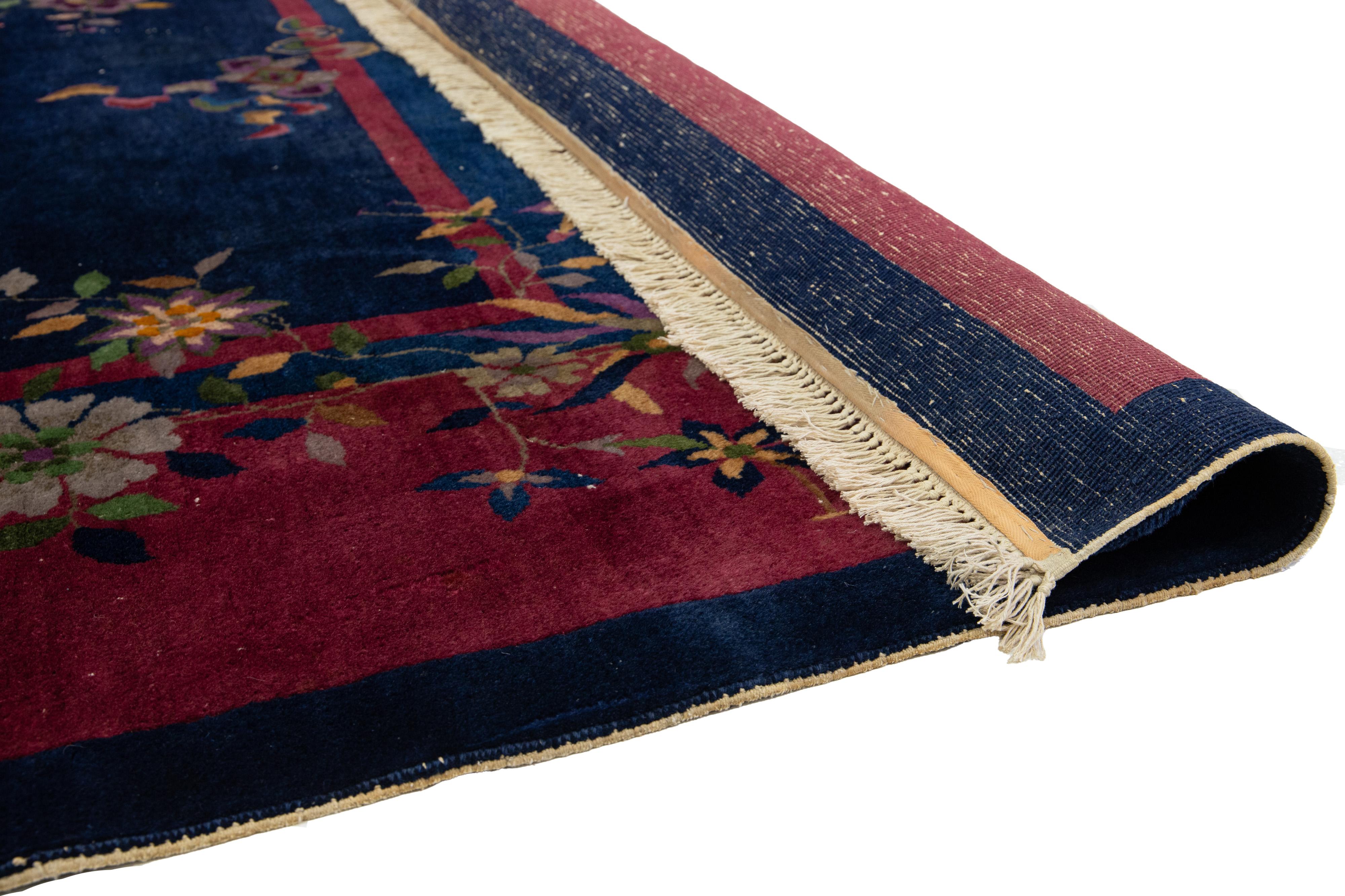 Alfombra de lana china antigua Art Decó azul marino de diseño clásico Chino en venta
