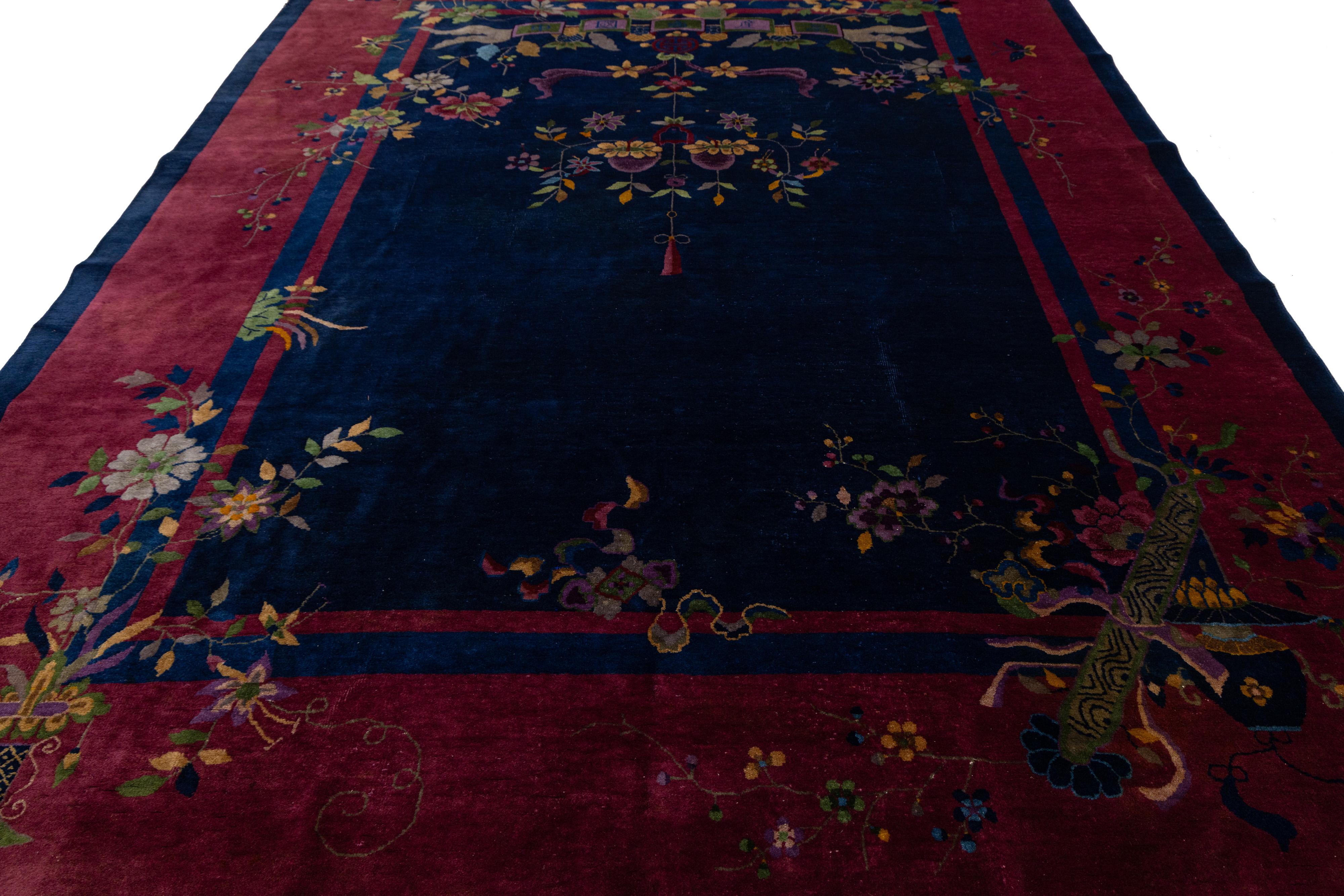 Altro Tappeto in lana cinese Art Deco antico blu navy con un design classico in vendita