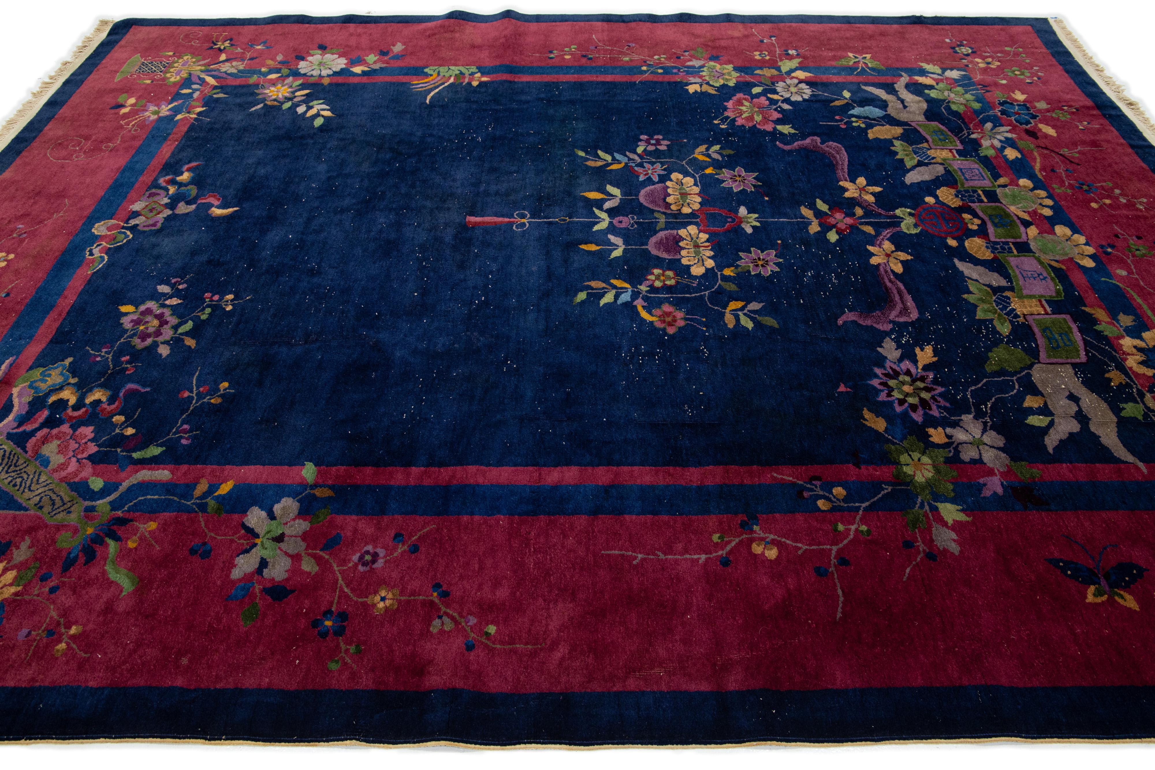 Alfombra de lana china antigua Art Decó azul marino de diseño clásico siglo XX en venta