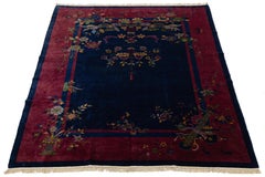 Navy Blue Antique Art Deco Chinese Wool Rug With a Classic Design