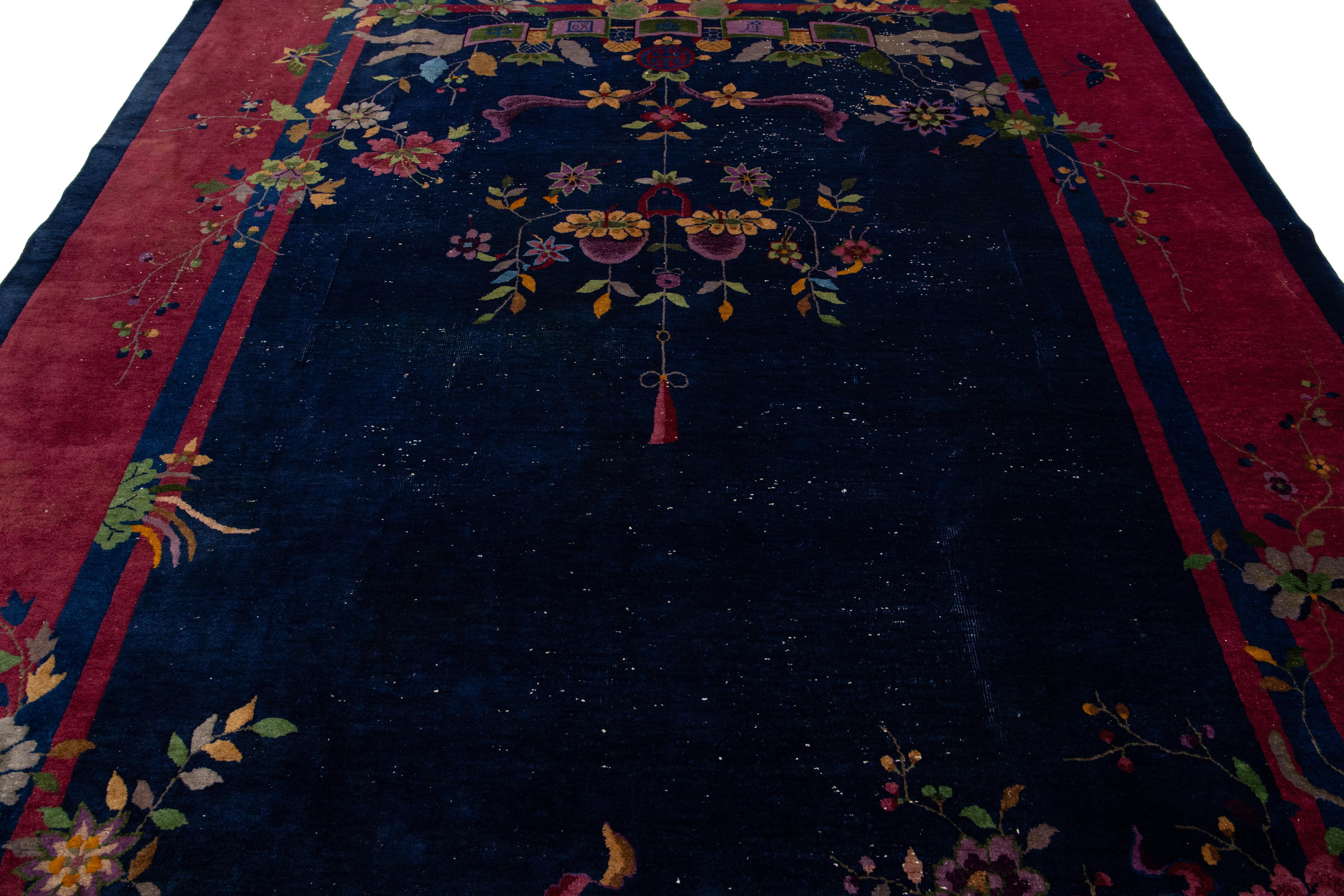 Alfombra de lana china antigua Art Decó azul marino de diseño clásico Otro en venta