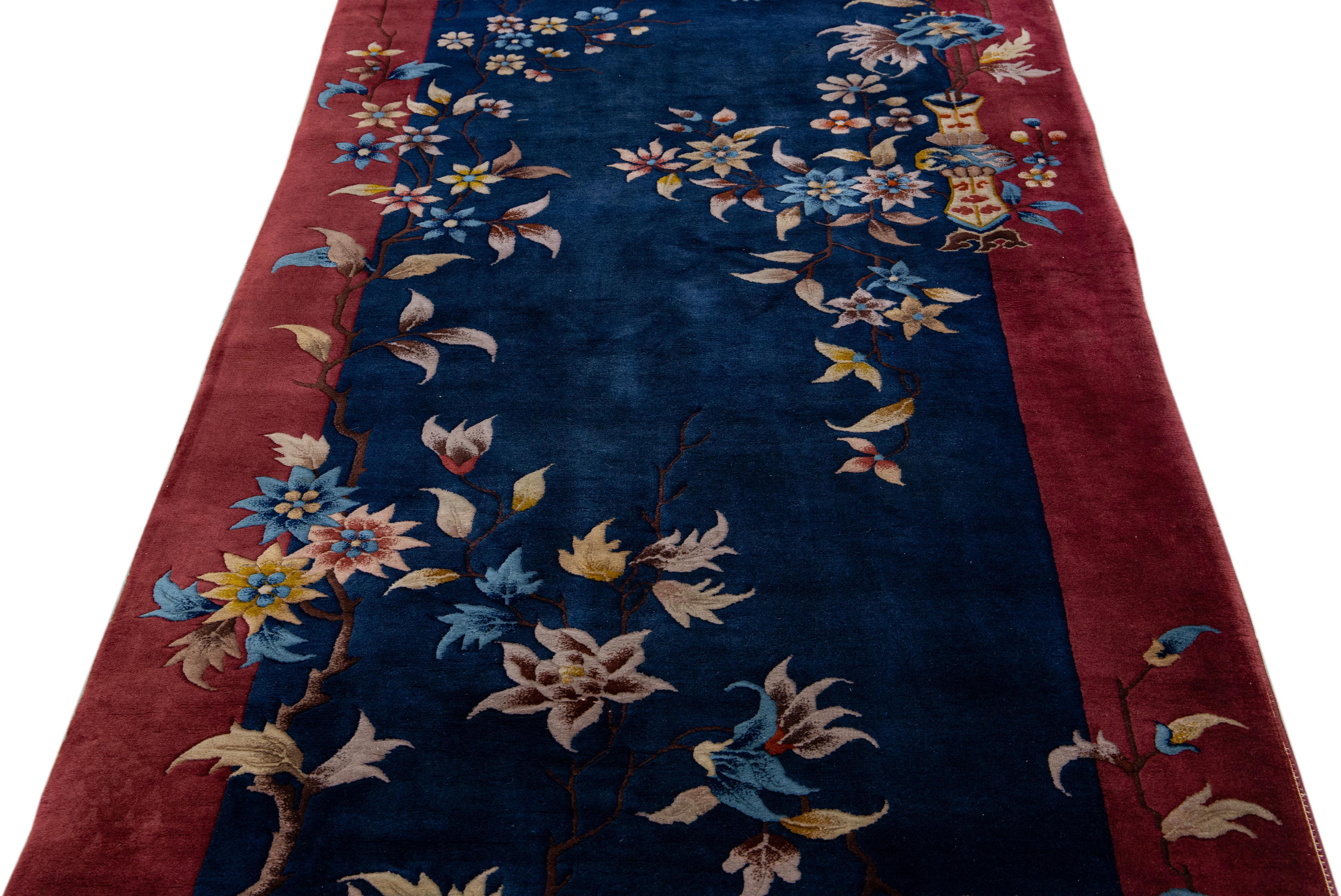 Navy Blue Antique Art Deco Handmade Floral Chinese Wool Runner In Excellent Condition For Sale In Norwalk, CT