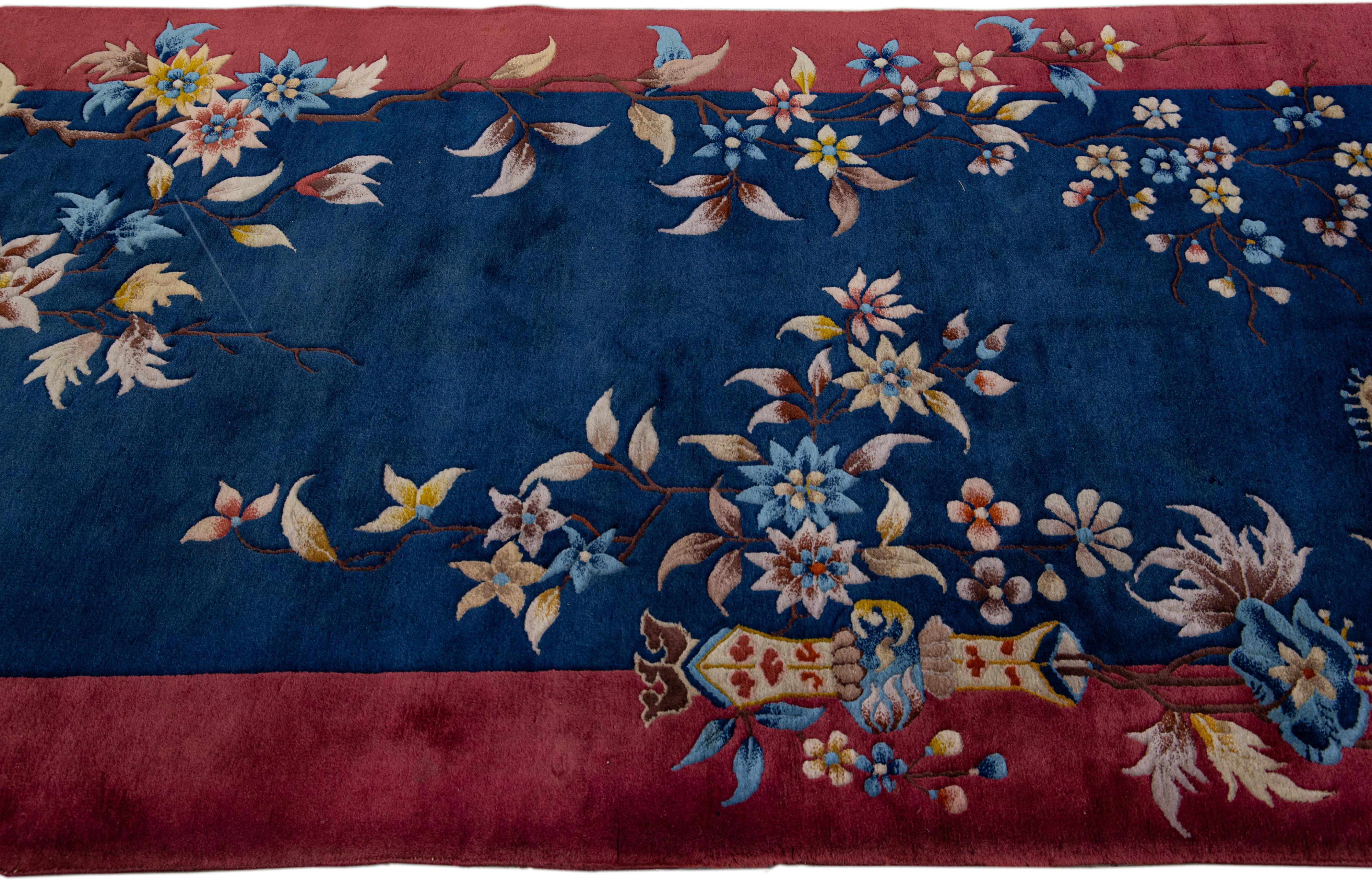 20th Century Navy Blue Antique Art Deco Handmade Floral Chinese Wool Runner For Sale