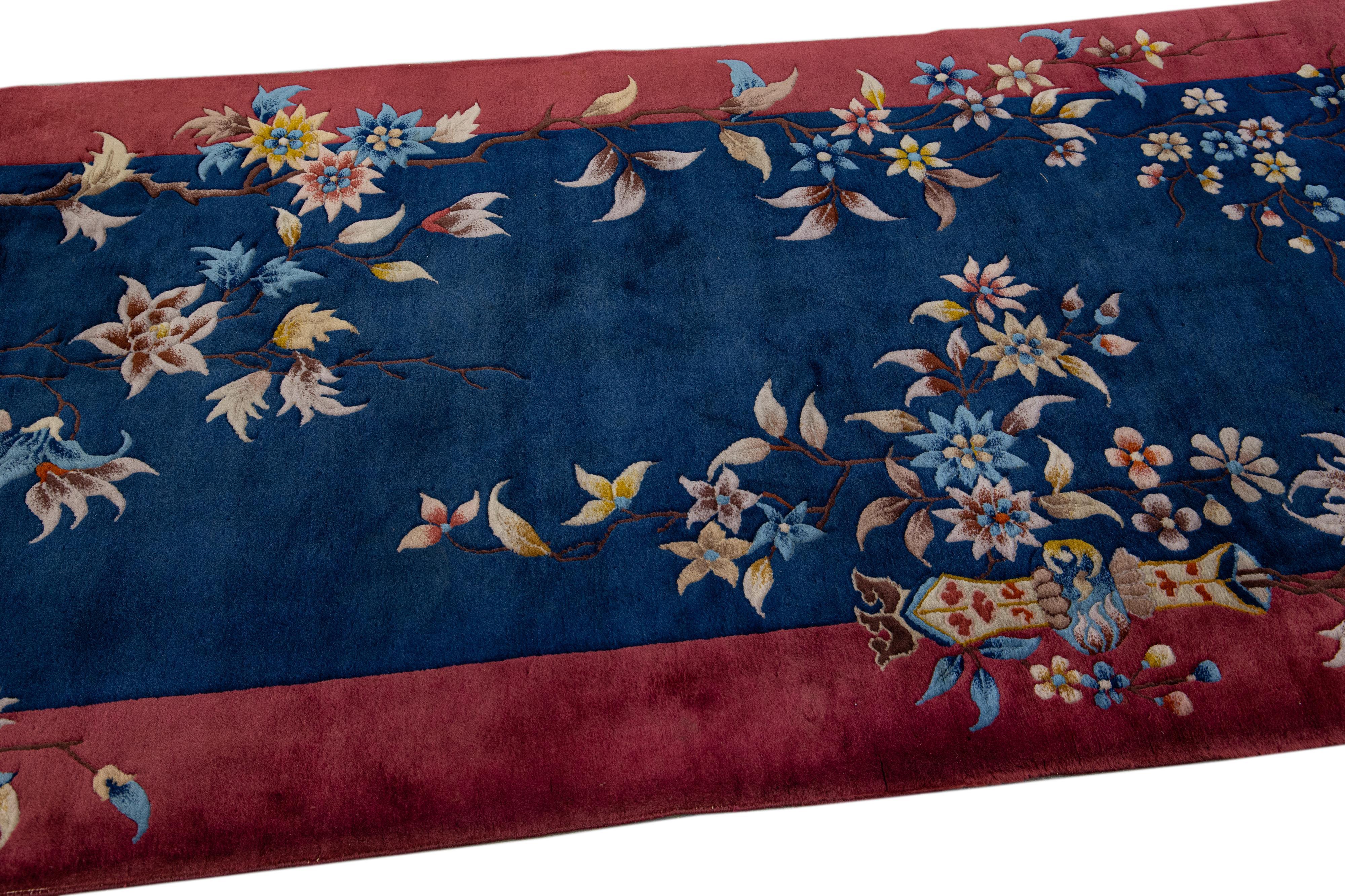 Navy Blue Antique Art Deco Handmade Floral Chinese Wool Runner For Sale 2