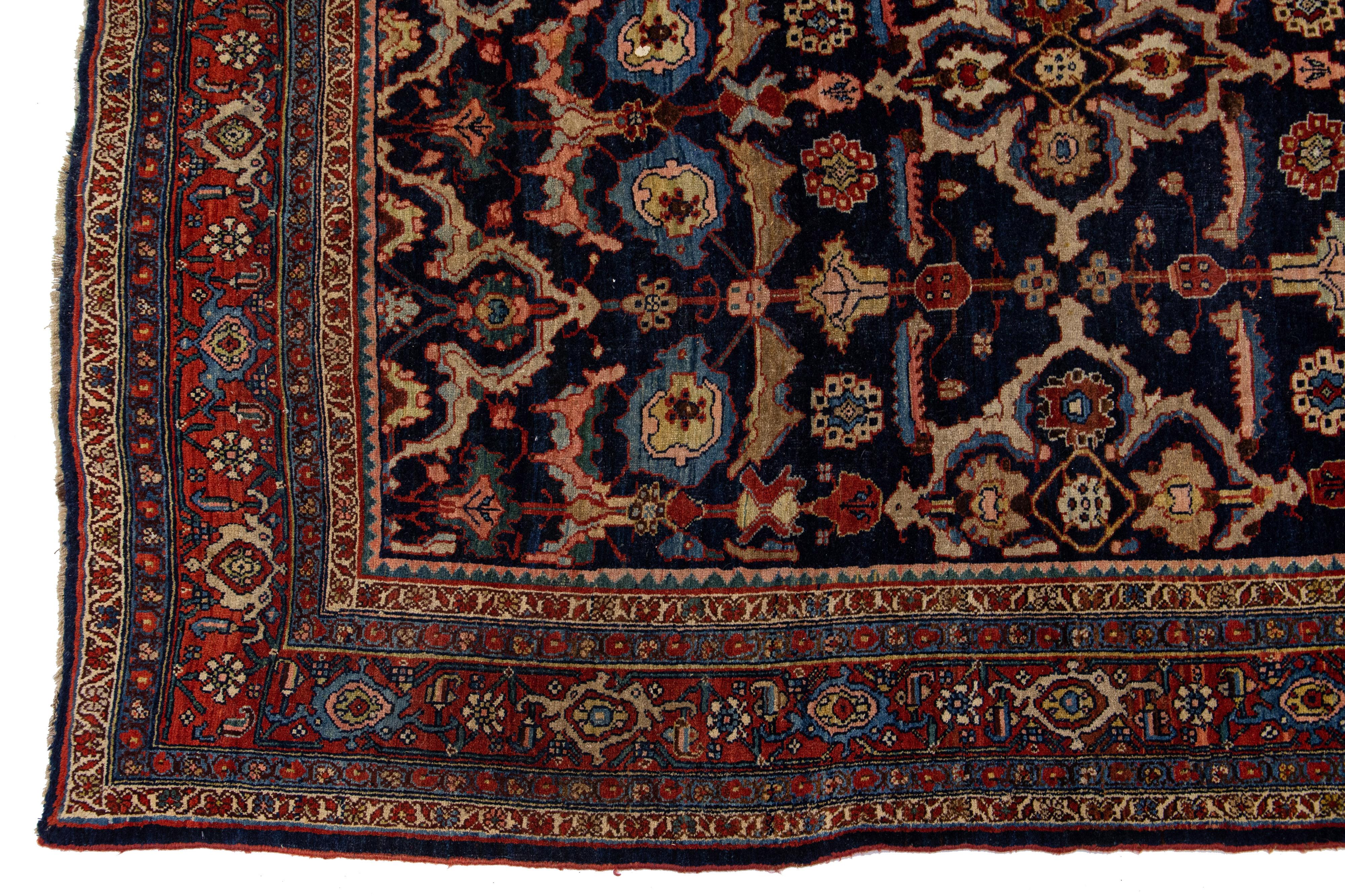 Islamic Navy Blue Antique Bidjar Handmade Allover Persian Wool Rug For Sale