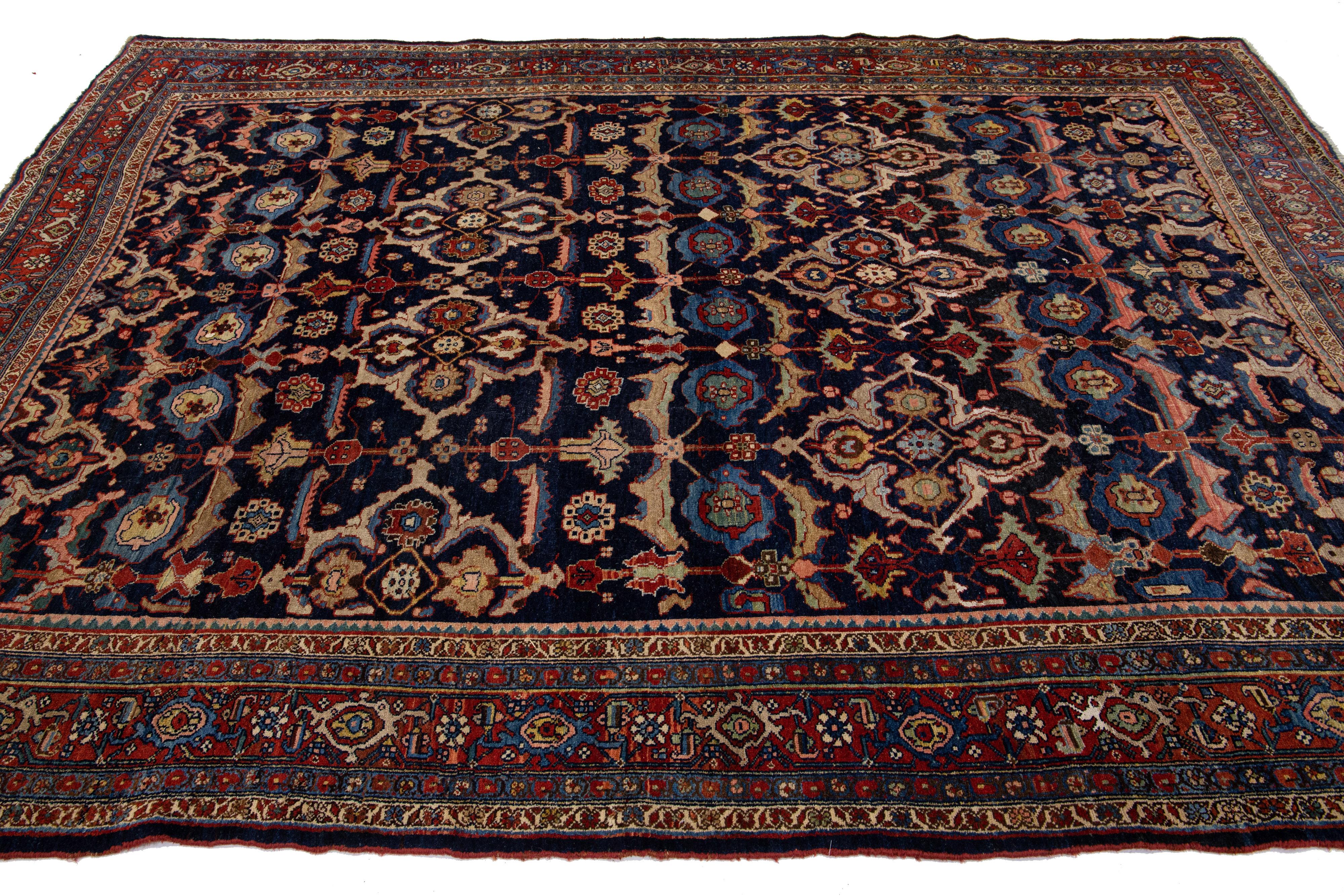 Hand-Knotted Navy Blue Antique Bidjar Handmade Allover Persian Wool Rug For Sale
