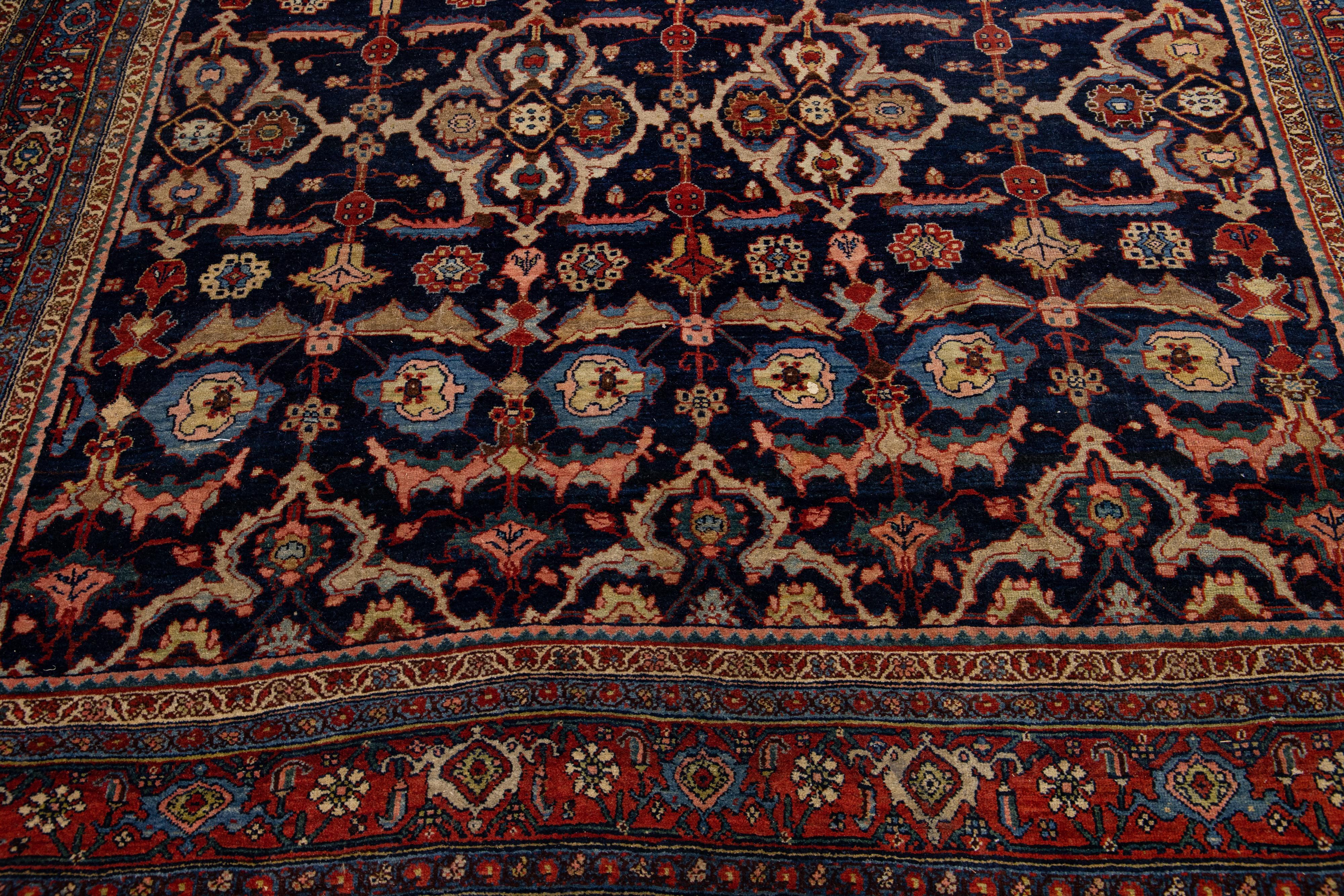 20th Century Navy Blue Antique Bidjar Handmade Allover Persian Wool Rug For Sale
