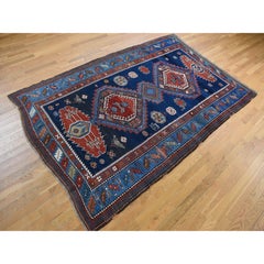 Navy Blue Antique Caucasian Kazak Wool Hand Knotted Signed and Dated 1929 Rug