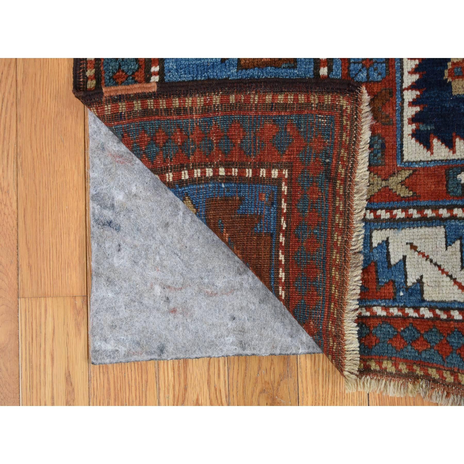 Medieval Navy Blue Antique Caucasian Kazak Wool Hand Knotted Signed and Dated 1929 Rug For Sale
