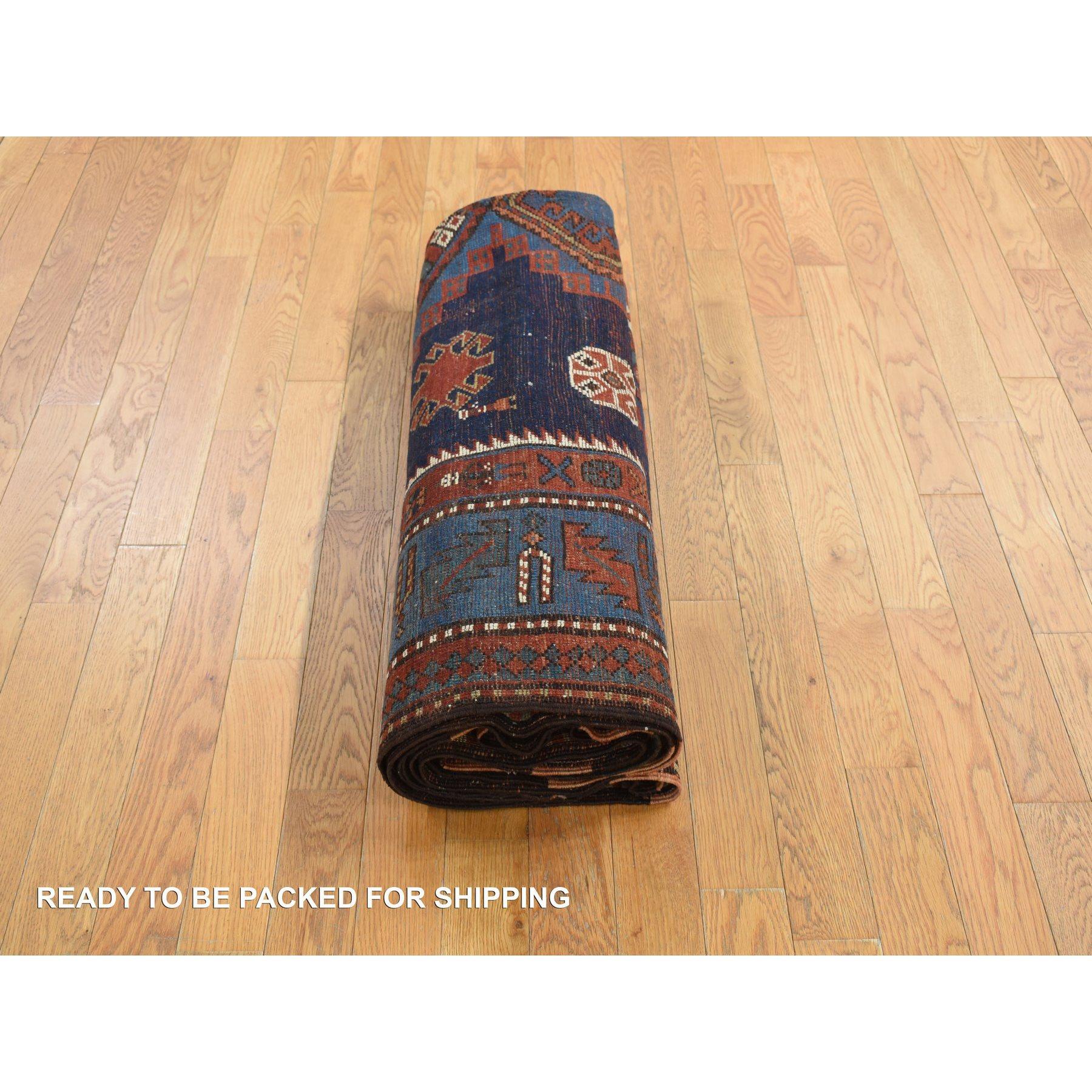 Hand-Knotted Navy Blue Antique Caucasian Kazak Wool Hand Knotted Signed and Dated 1929 Rug For Sale