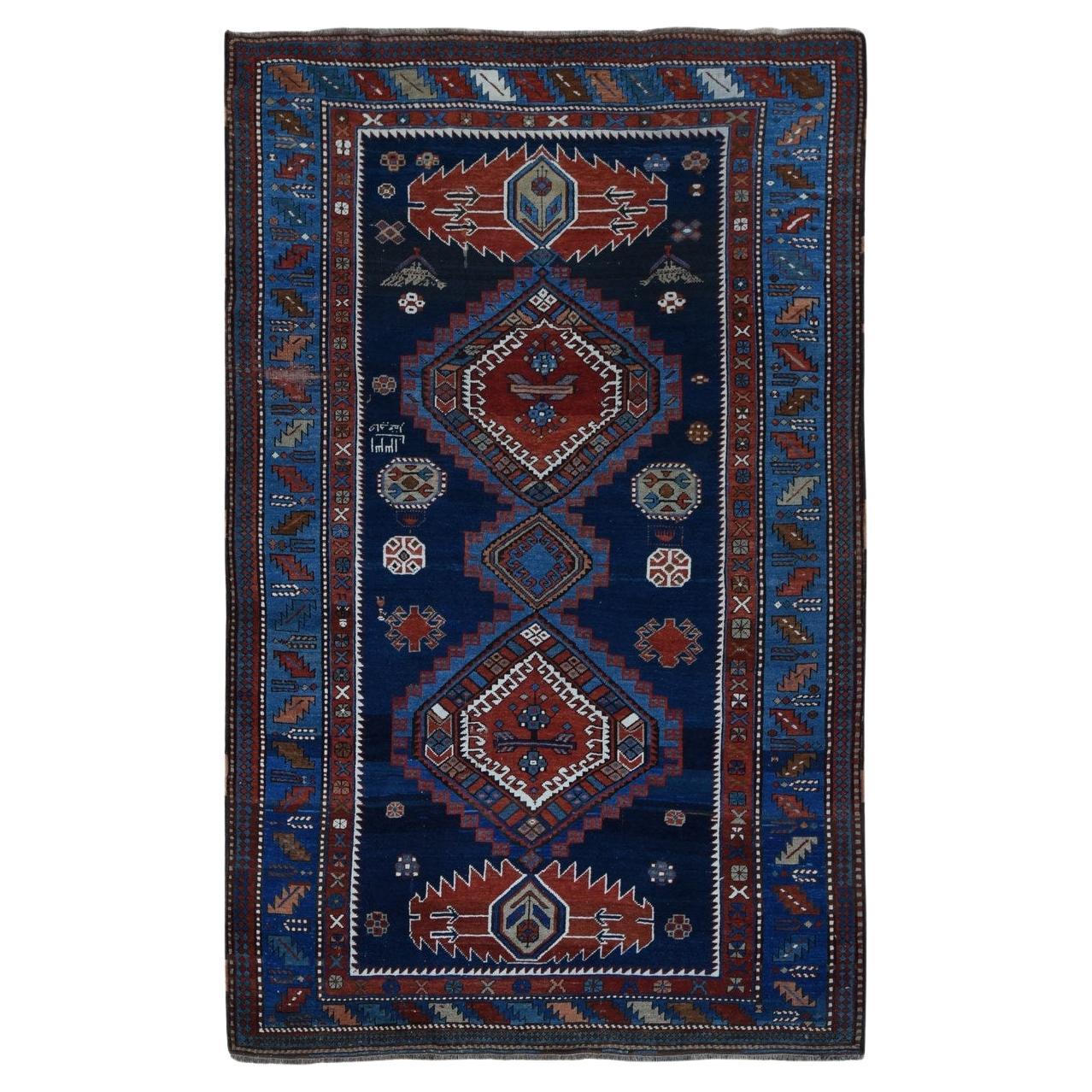 Navy Blue Antique Caucasian Kazak Wool Hand Knotted Signed and Dated 1929 Rug For Sale