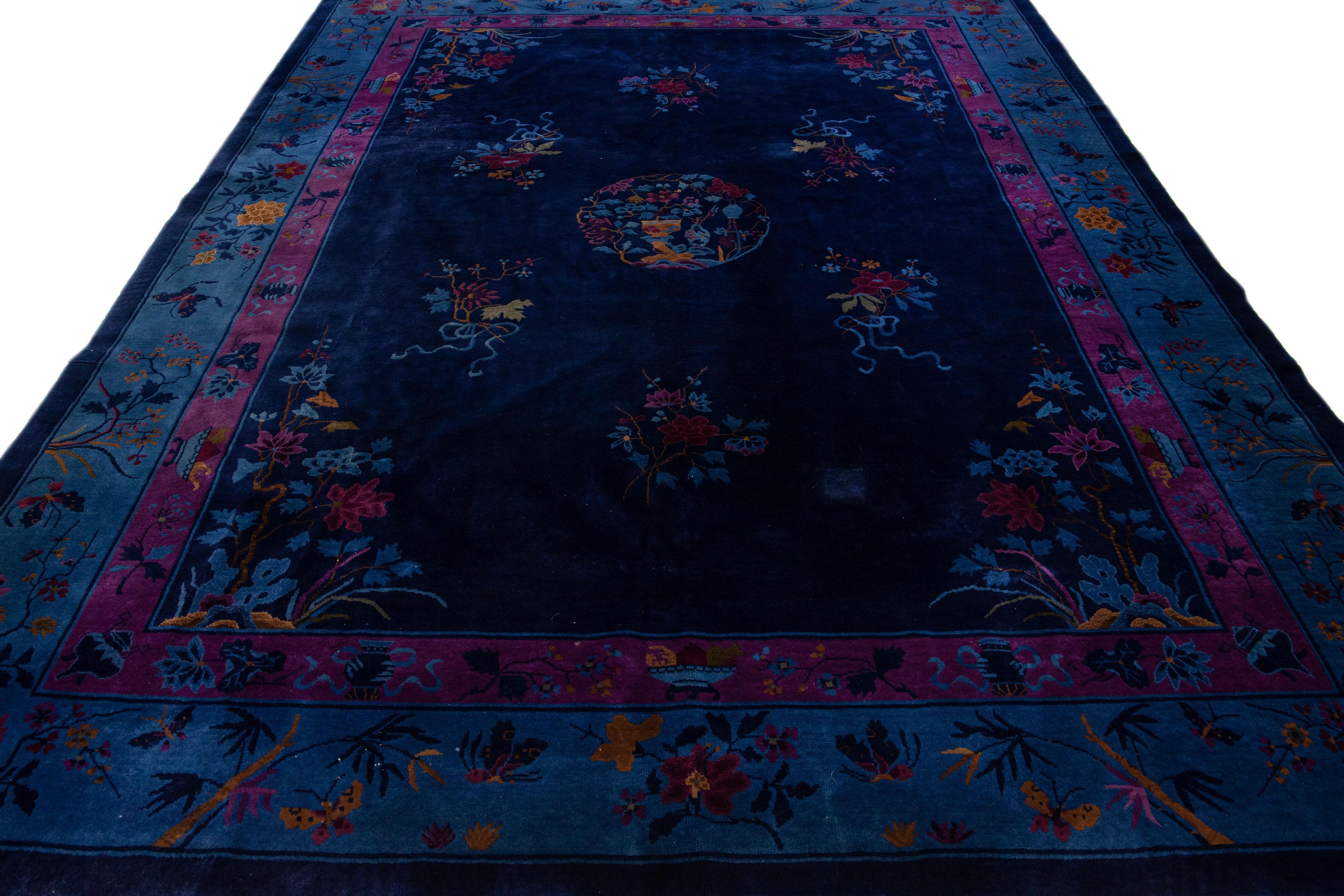Hand-Knotted Navy Blue Antique Chinese Art Deco Handmade Wool Rug with Floral Design For Sale