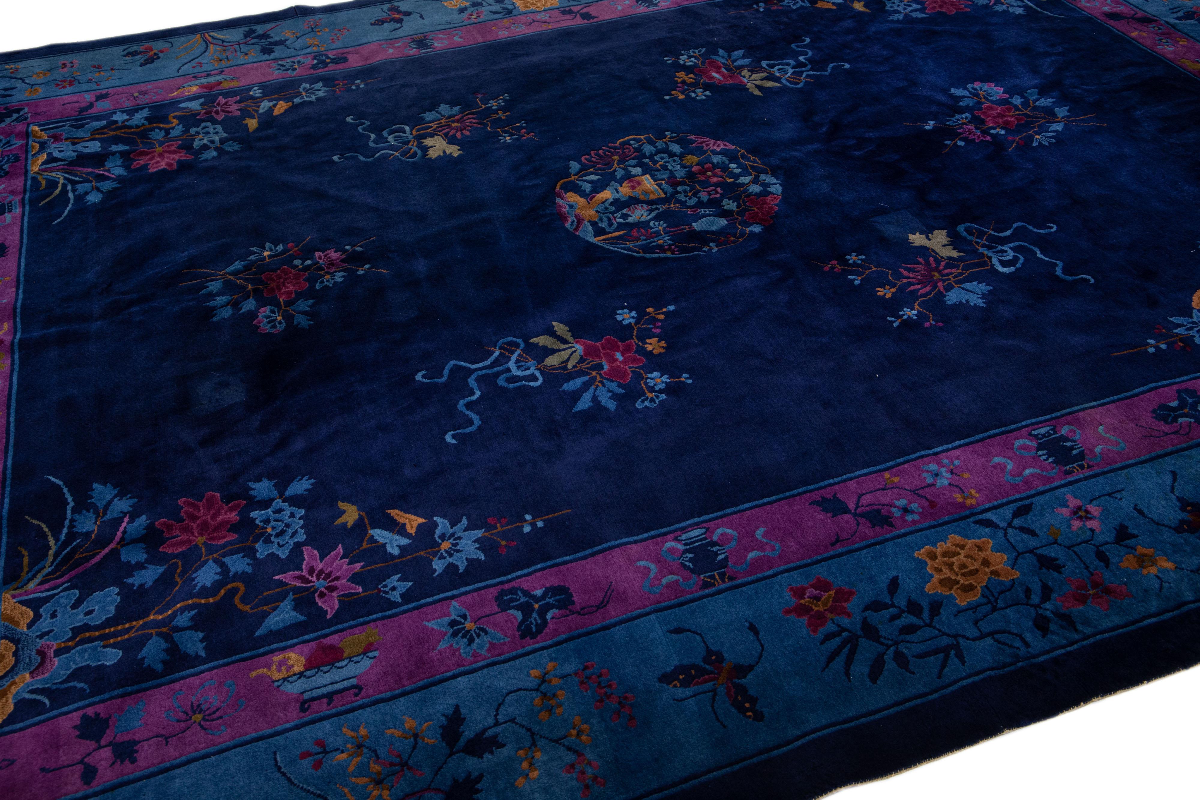 Navy Blue Antique Chinese Art Deco Handmade Wool Rug with Floral Design In Excellent Condition For Sale In Norwalk, CT