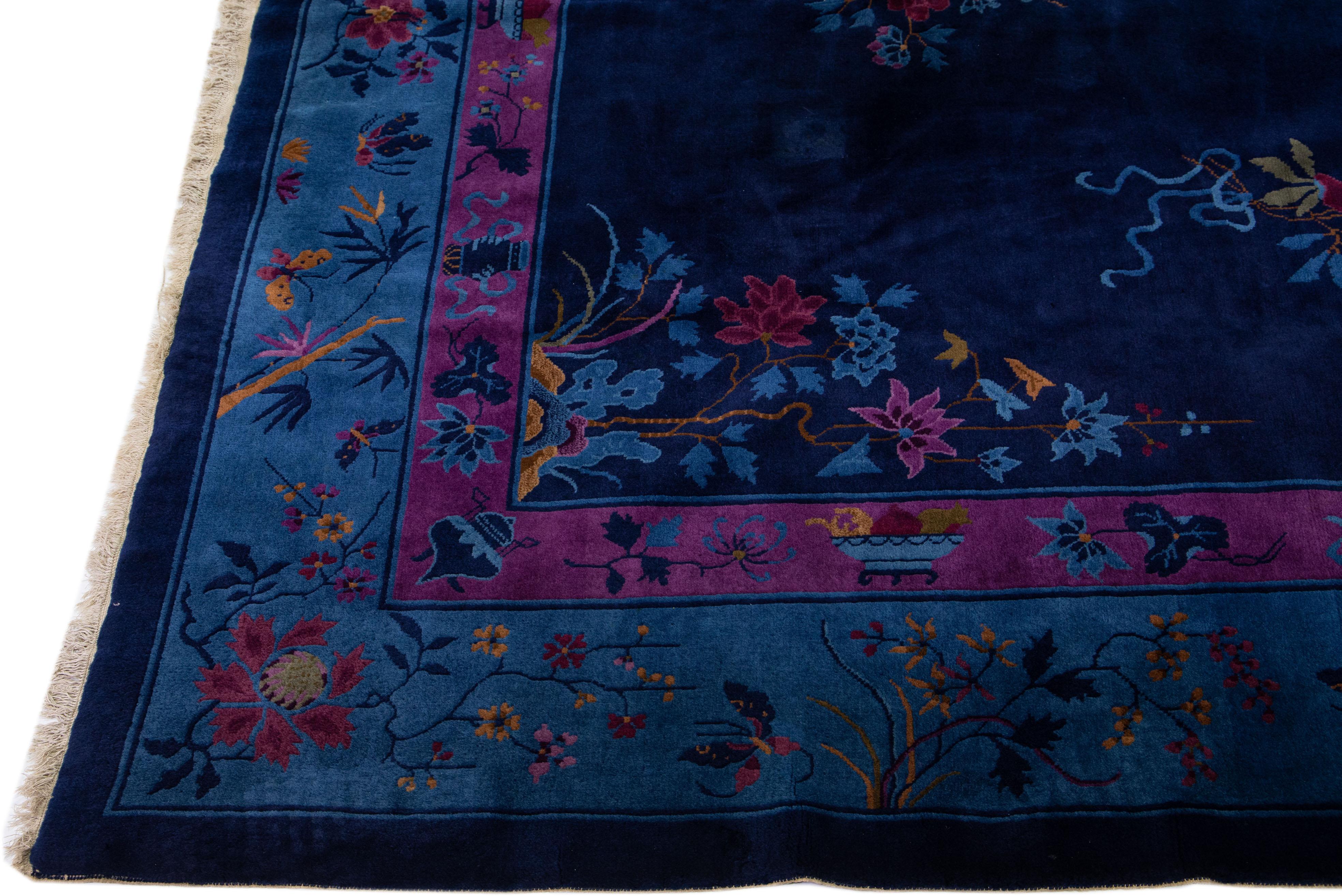 20th Century Navy Blue Antique Chinese Art Deco Handmade Wool Rug with Floral Design For Sale