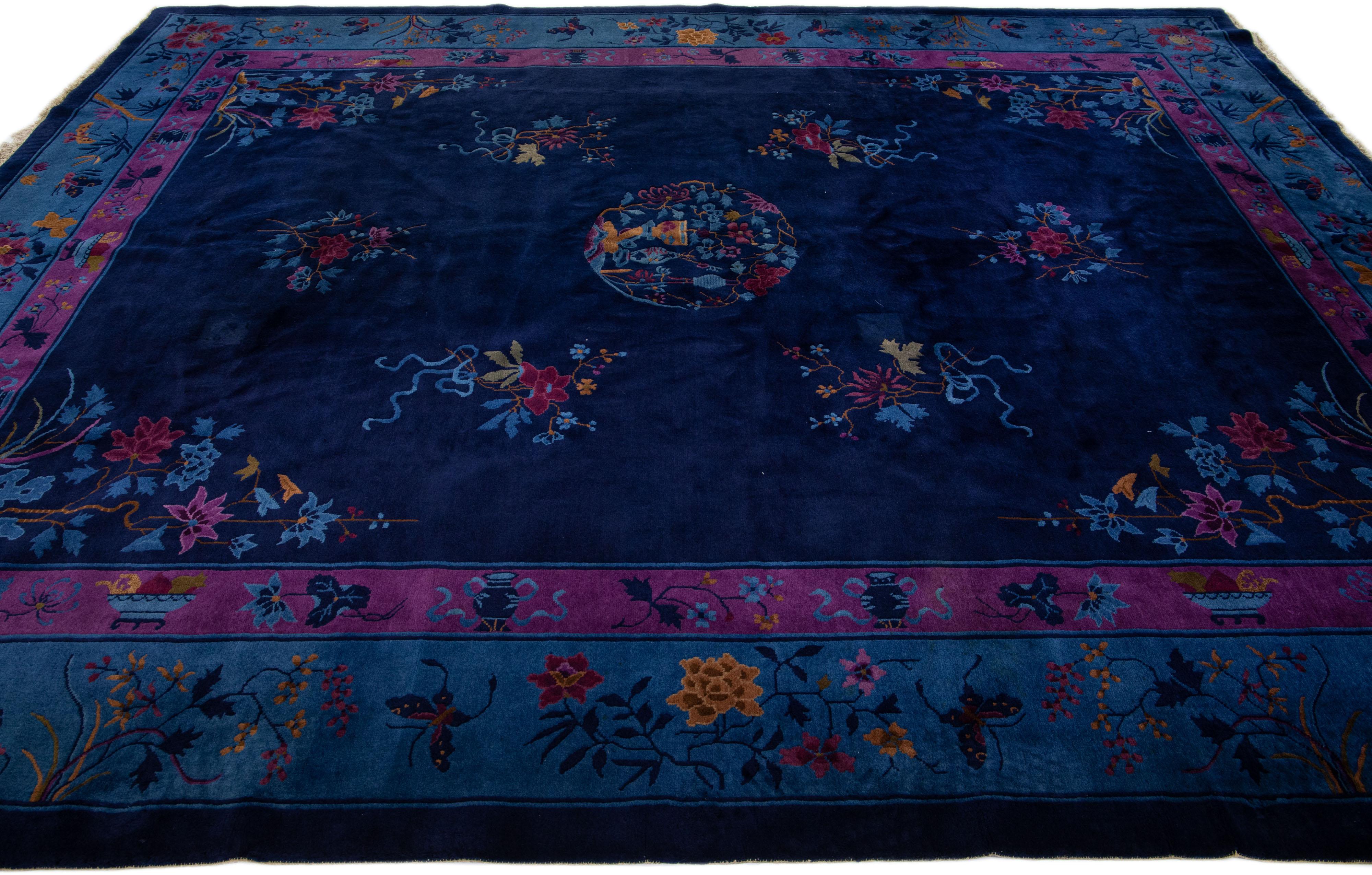 Navy Blue Antique Chinese Art Deco Handmade Wool Rug with Floral Design For Sale 1
