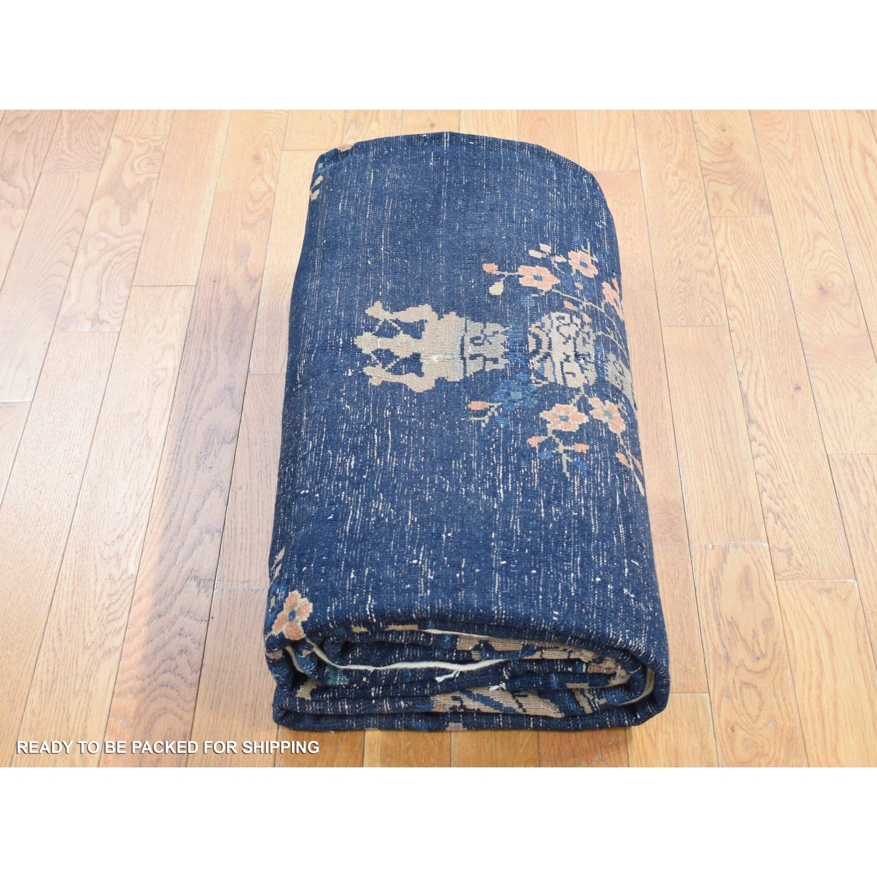 Navy Blue Antique Chinese Peking Clean Some Wear Hand Knotted Pure Wool Rug For Sale 4