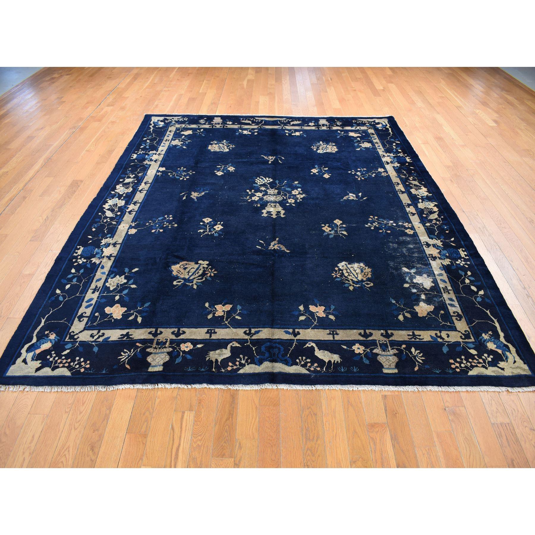 Medieval Navy Blue Antique Chinese Peking Clean Some Wear Hand Knotted Pure Wool Rug For Sale