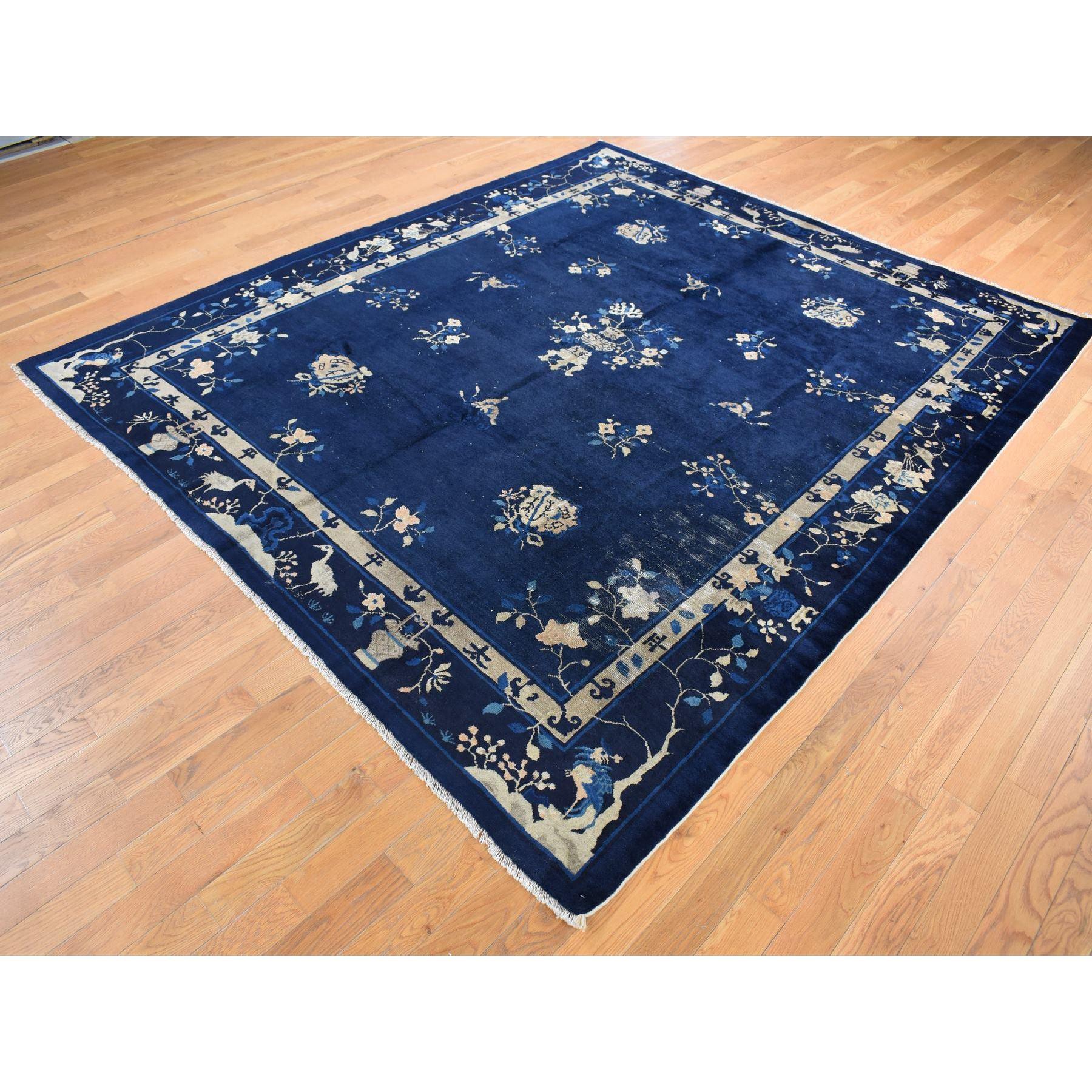 Hand-Knotted Navy Blue Antique Chinese Peking Clean Some Wear Hand Knotted Pure Wool Rug For Sale
