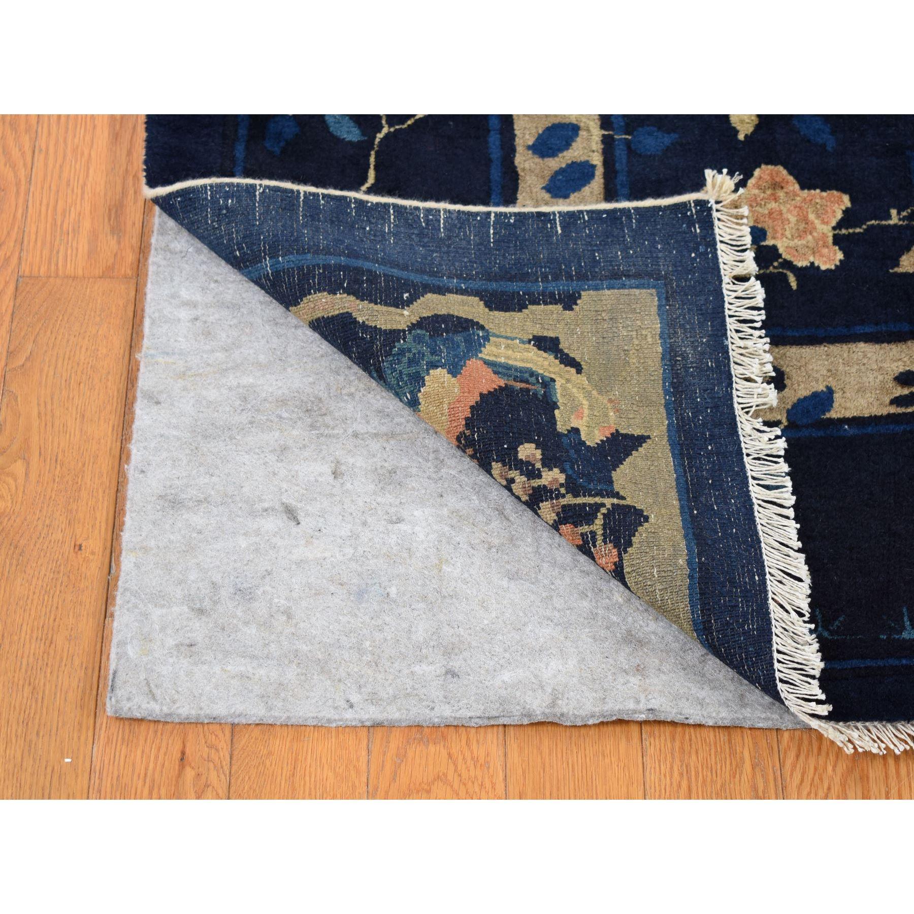 Navy Blue Antique Chinese Peking Clean Some Wear Hand Knotted Pure Wool Rug In Fair Condition For Sale In Carlstadt, NJ