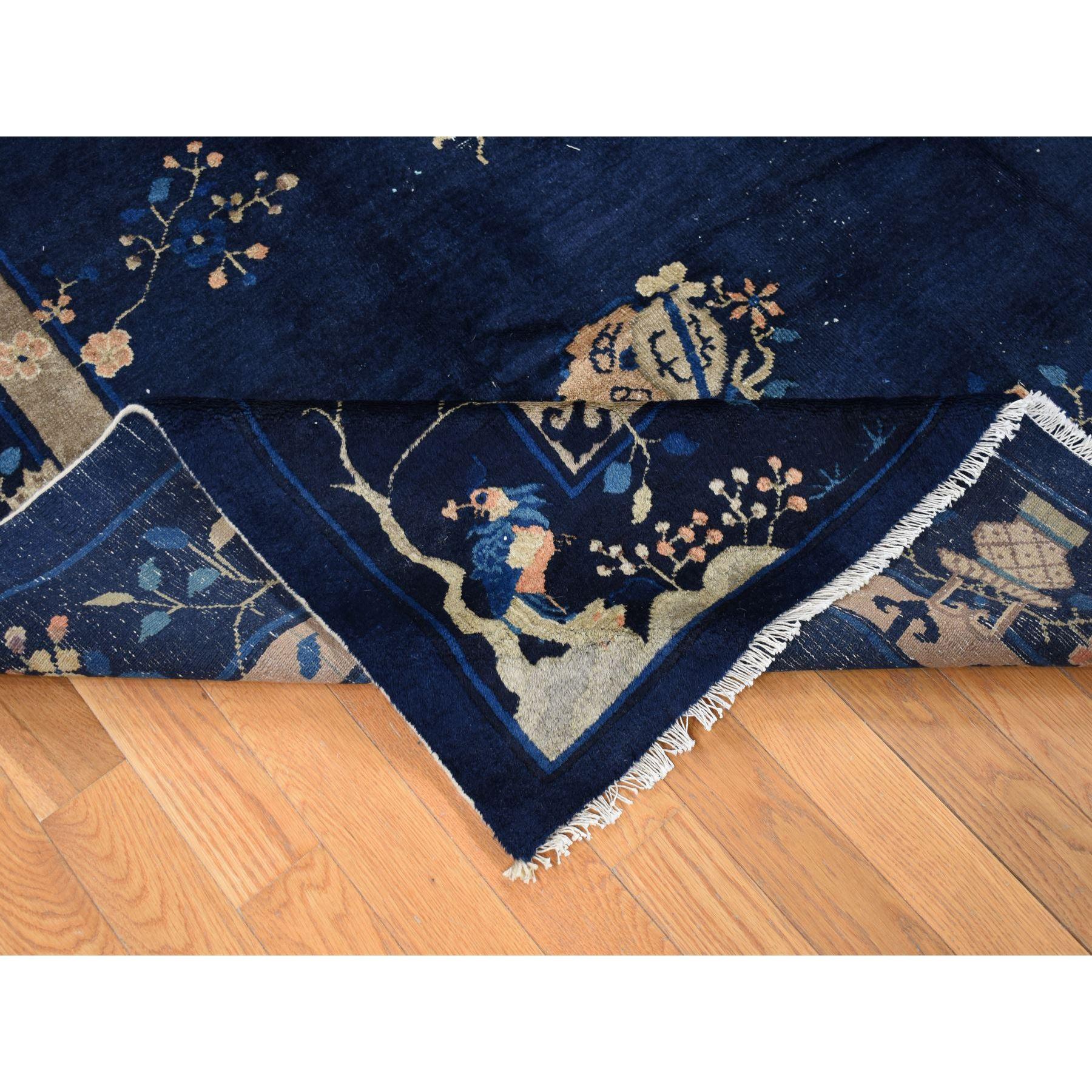 Navy Blue Antique Chinese Peking Clean Some Wear Hand Knotted Pure Wool Rug For Sale 1