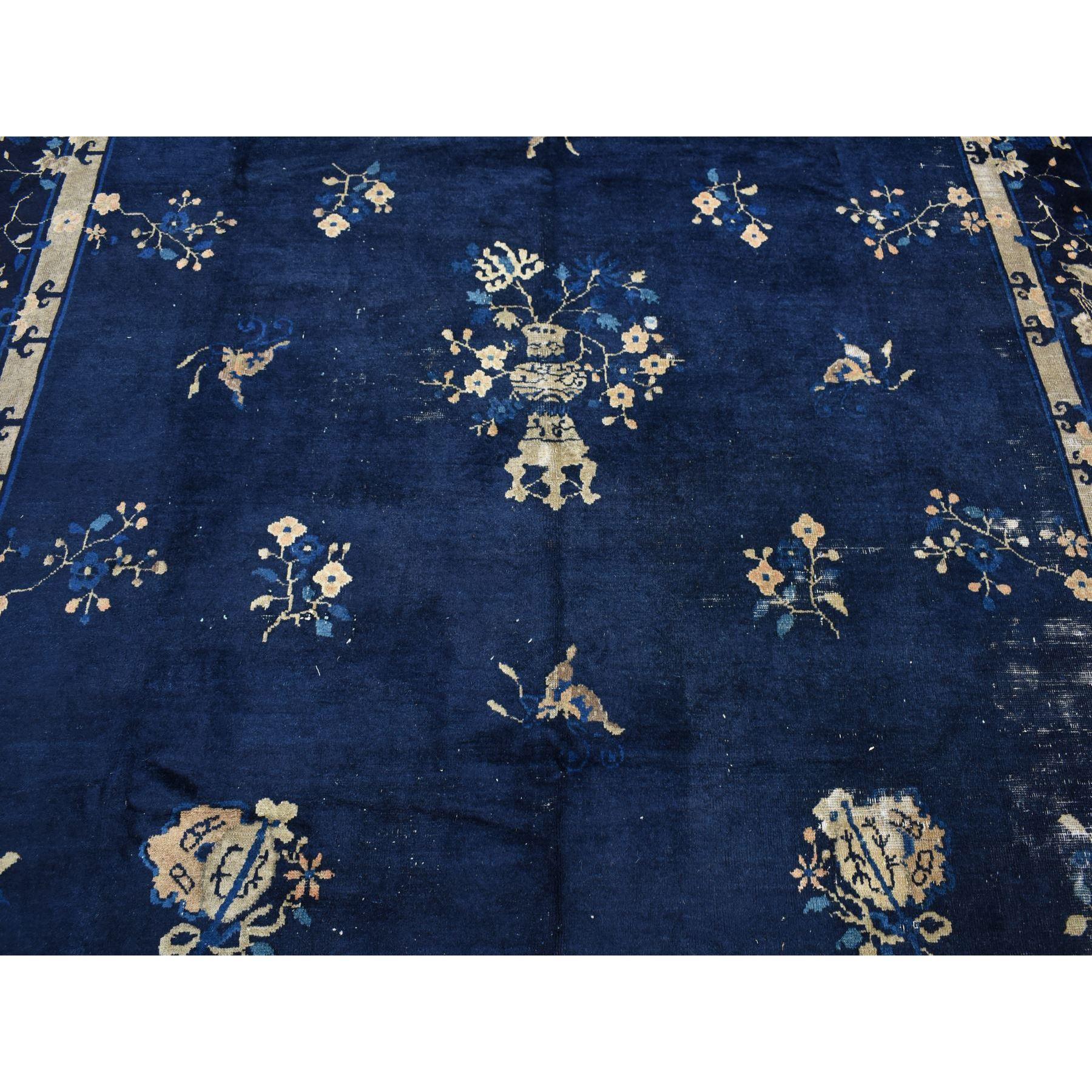 Navy Blue Antique Chinese Peking Clean Some Wear Hand Knotted Pure Wool Rug For Sale 3