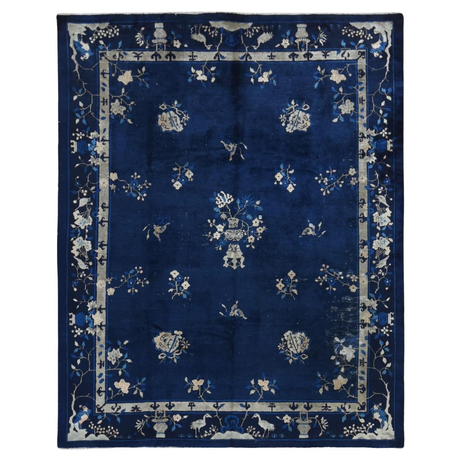 Navy Blue Antique Chinese Peking Clean Some Wear Hand Knotted Pure Wool Rug