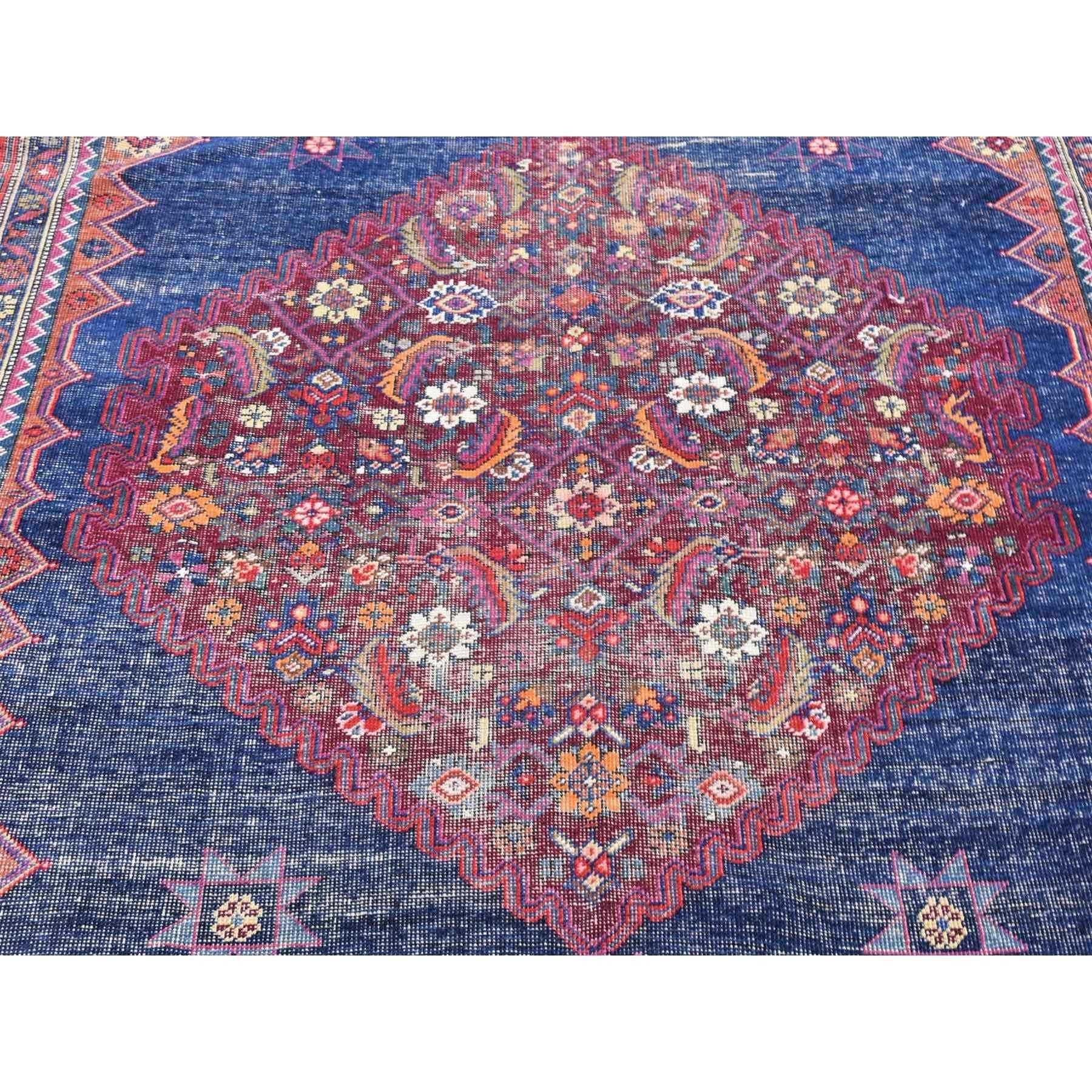Medieval Navy Blue, Antique Northwest Persian, Pure Wool Hand Knotted Distressed Rug For Sale