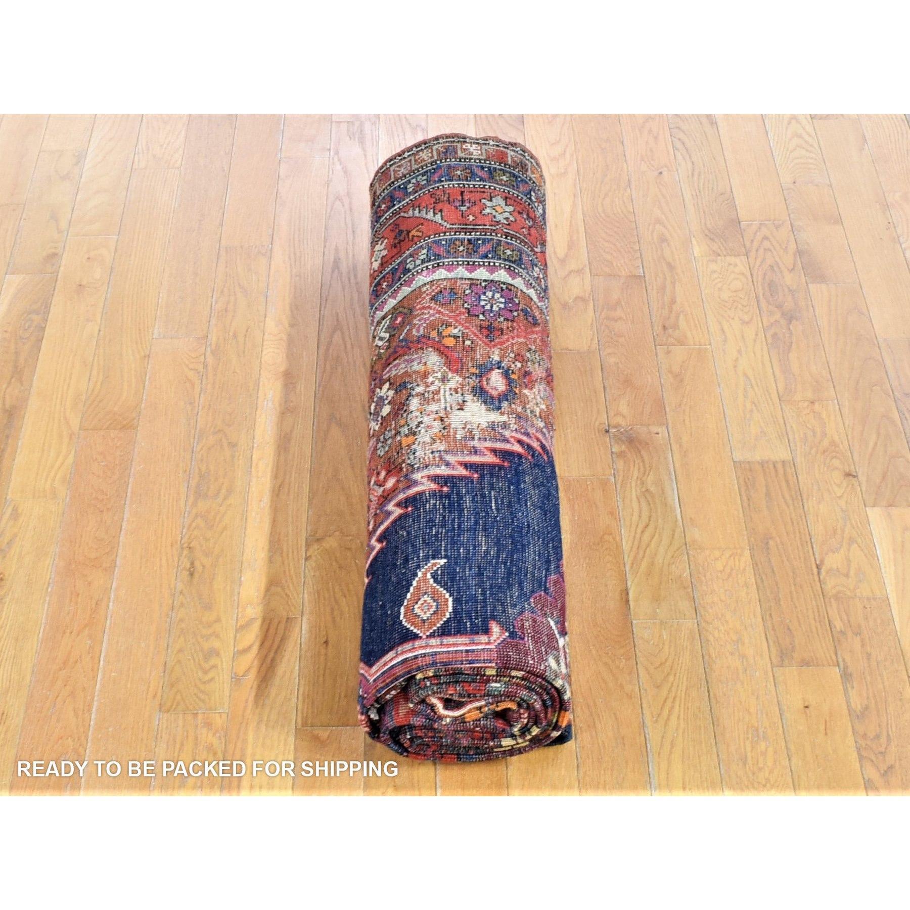 Navy Blue, Antique Northwest Persian, Pure Wool Hand Knotted Distressed Rug For Sale 3
