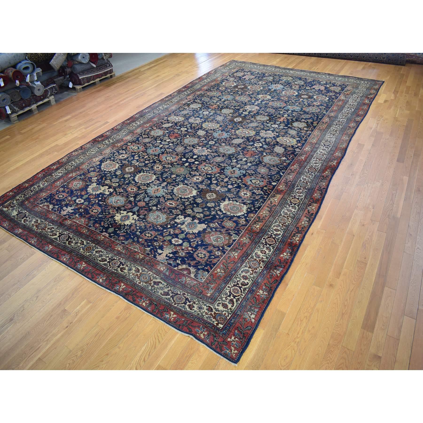 Medieval Navy Blue, Antique Persian Bijar, Even Wear, Hand Knotted, Oversized Wool Rug For Sale