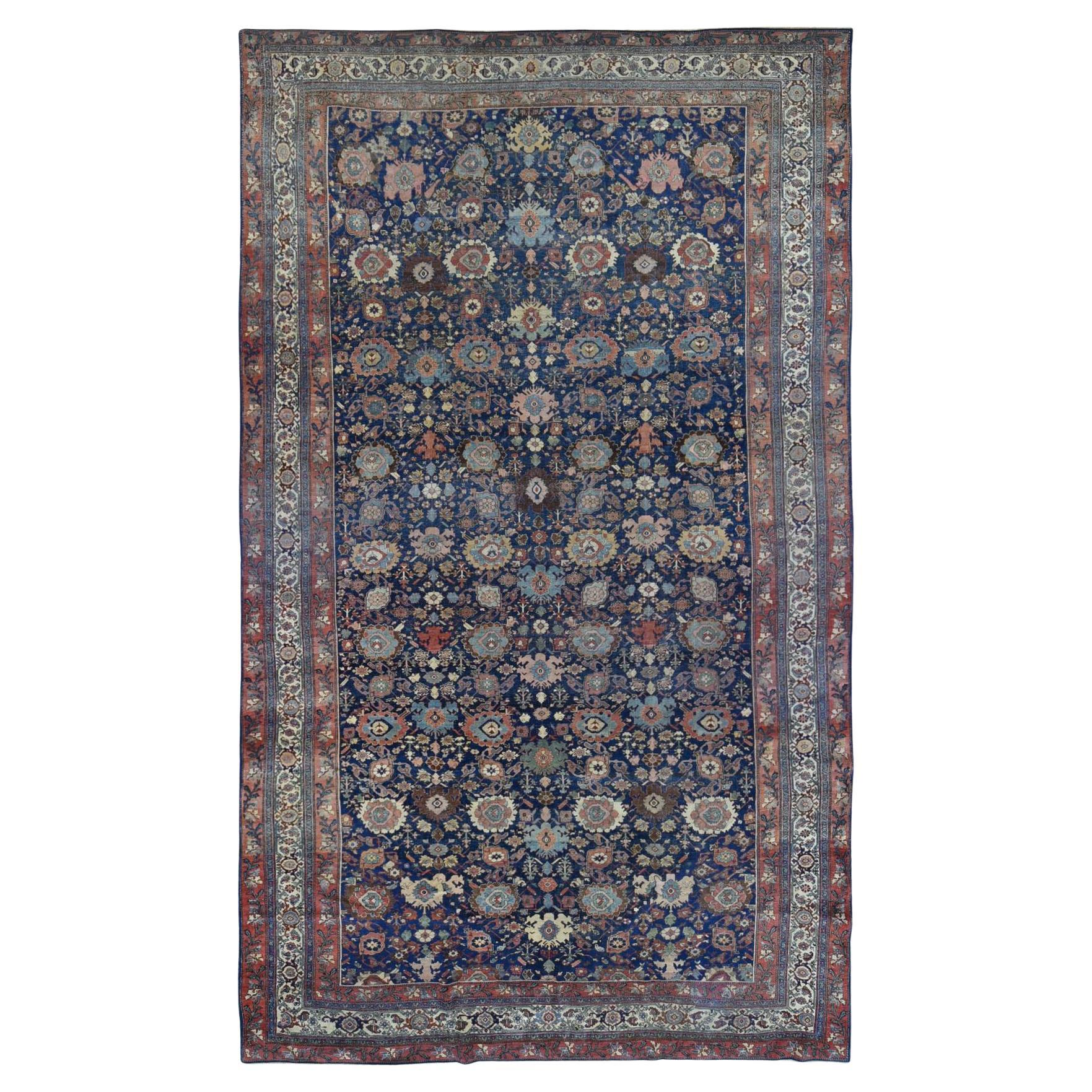 Navy Blue, Antique Persian Bijar, Even Wear, Hand Knotted, Oversized Wool Rug