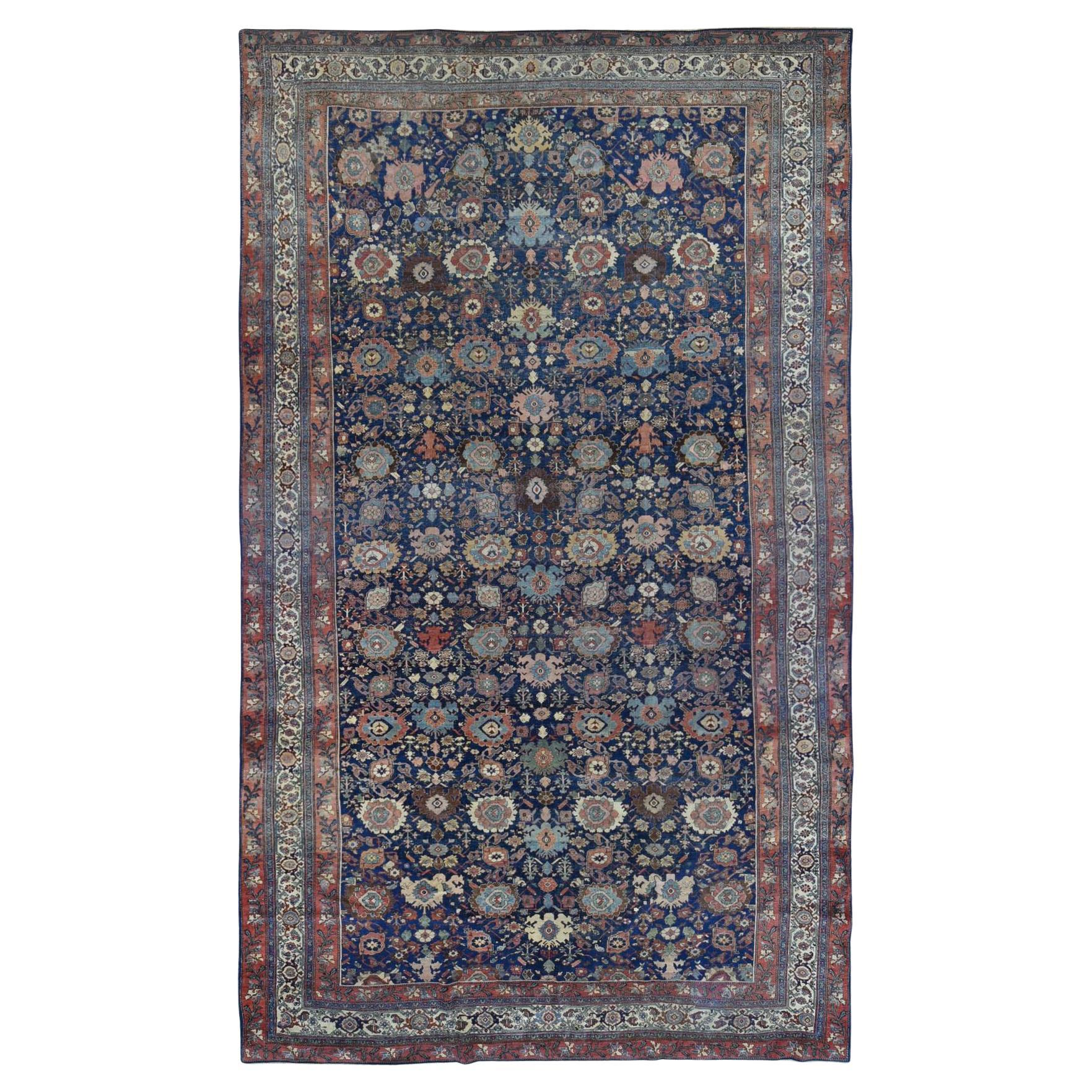 Navy Blue, Antique Persian Bijar, Even Wear, Hand Knotted, Oversized Wool Rug