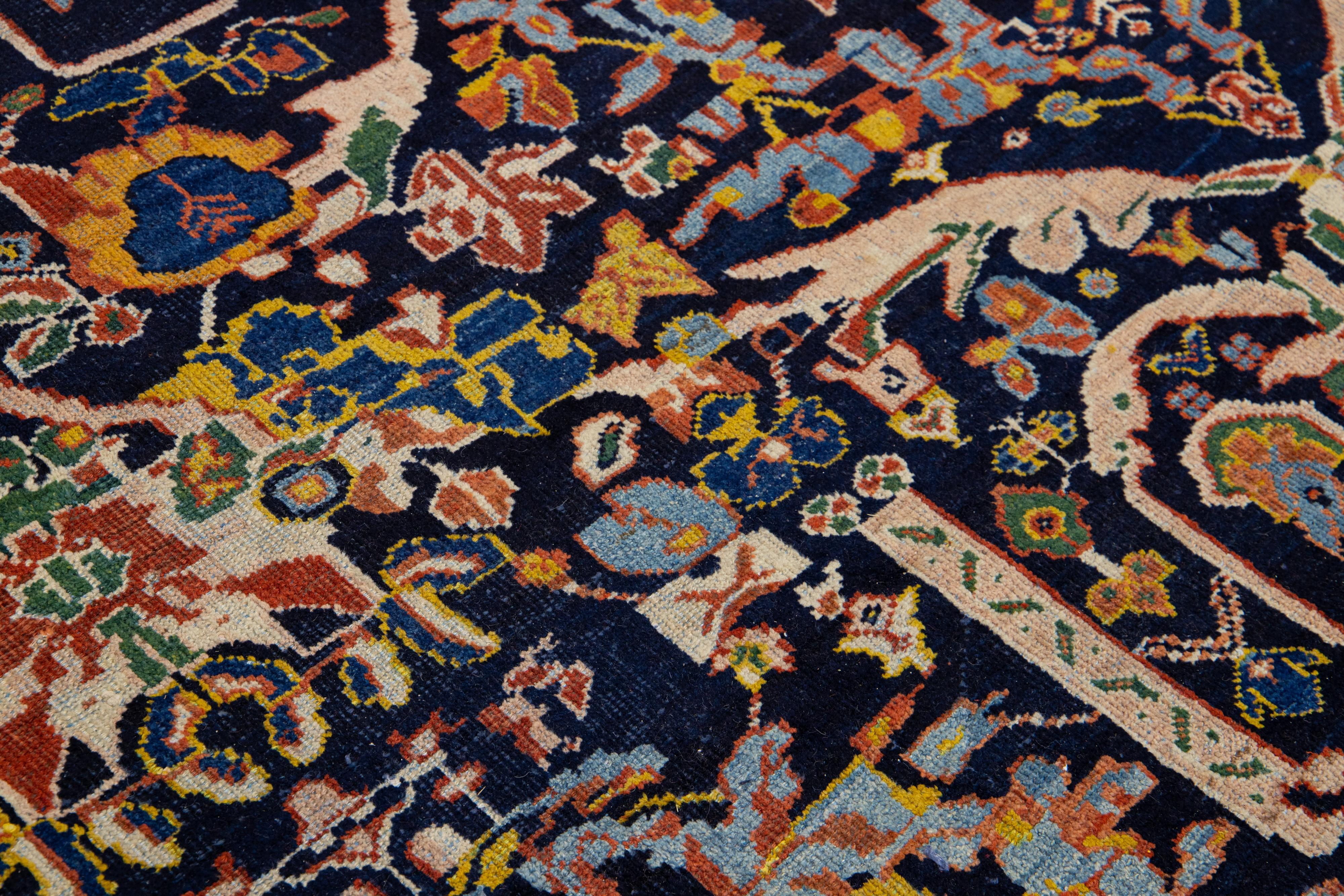 Marineblauer antiker persischer Mahal-Wollteppich, handgefertigt mit Blumenmotiv im Angebot 3