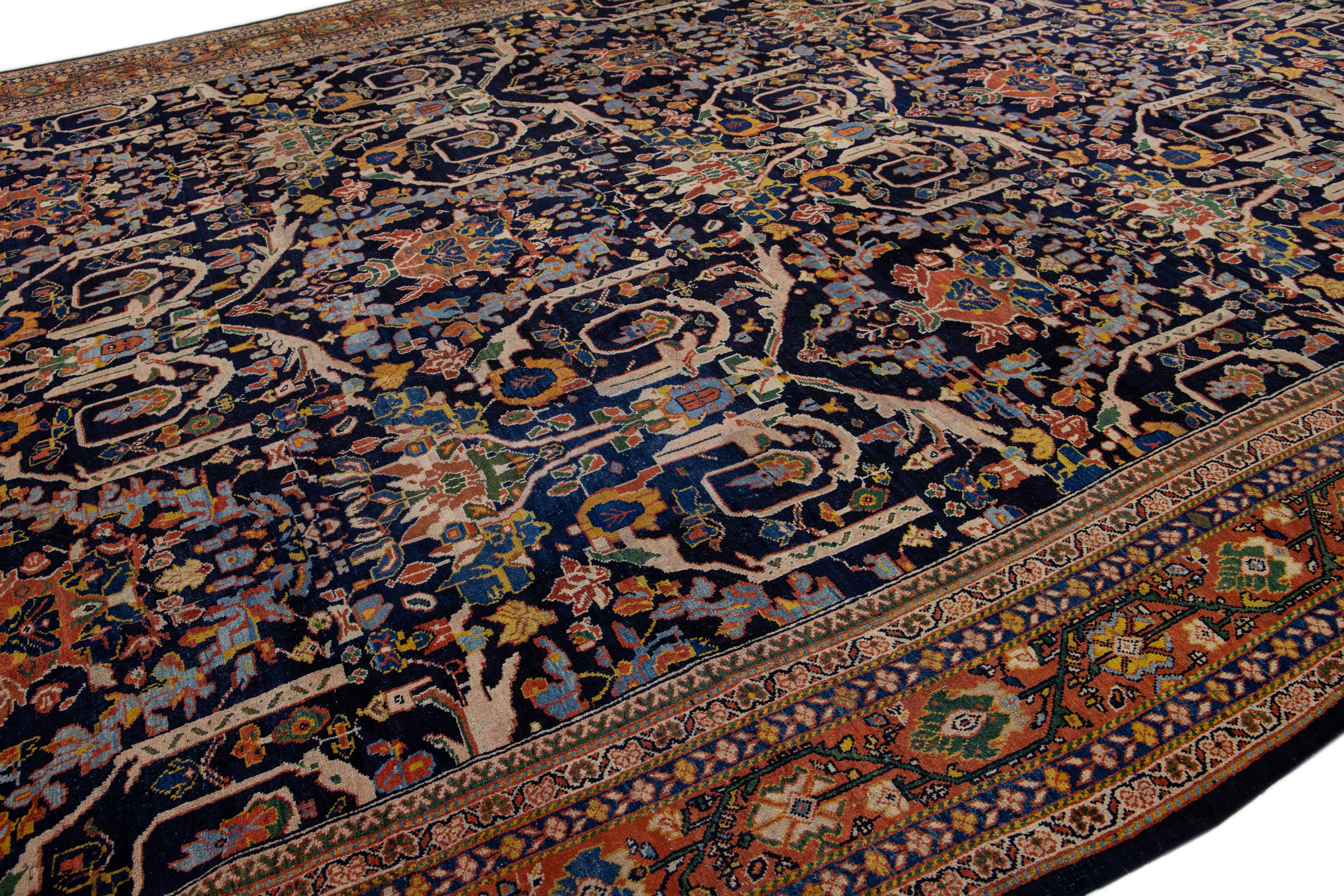 Islamic Navy Blue Antique Persian Mahal Wool Rug Handmade with Floral Motif For Sale