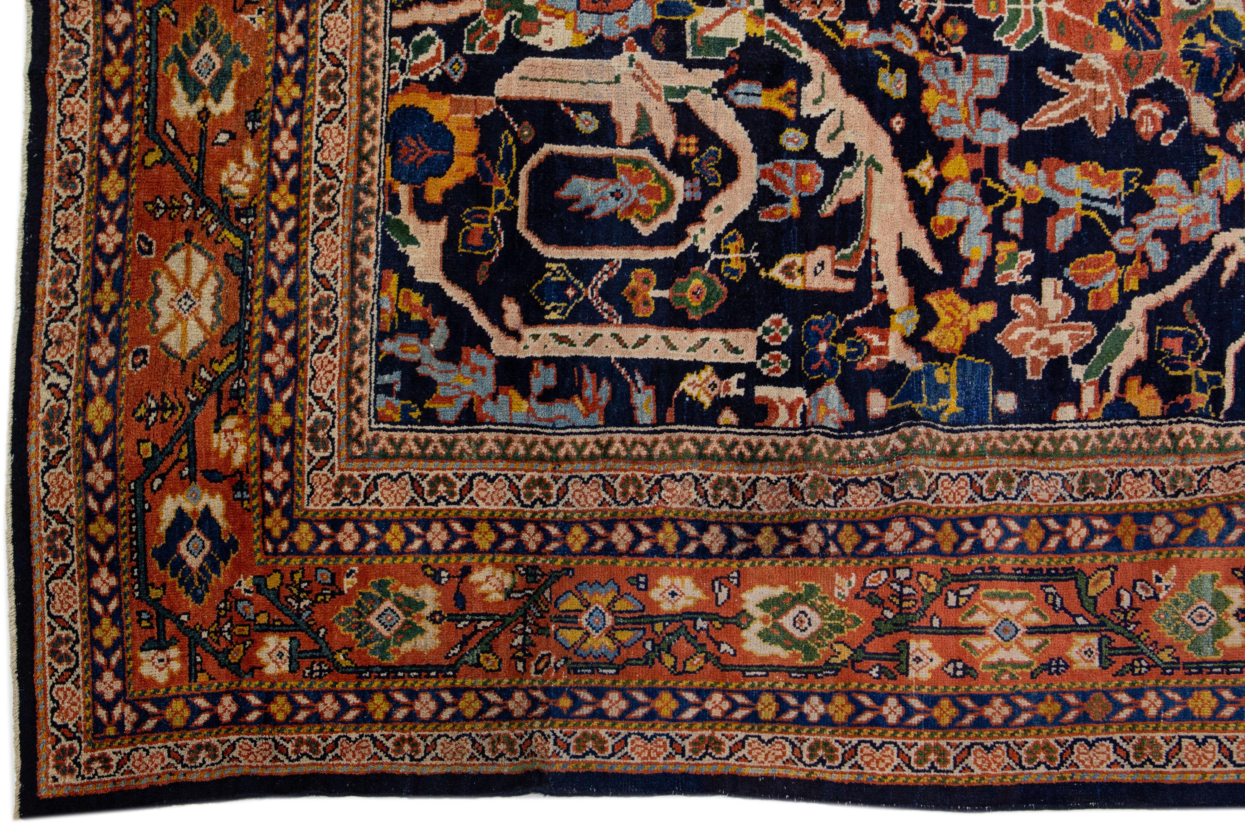 Navy Blue Antique Persian Mahal Wool Rug Handmade with Floral Motif In Good Condition For Sale In Norwalk, CT