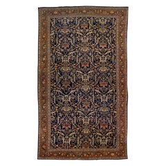 Marineblauer antiker persischer Mahal-Wollteppich, handgefertigt mit Blumenmotiv